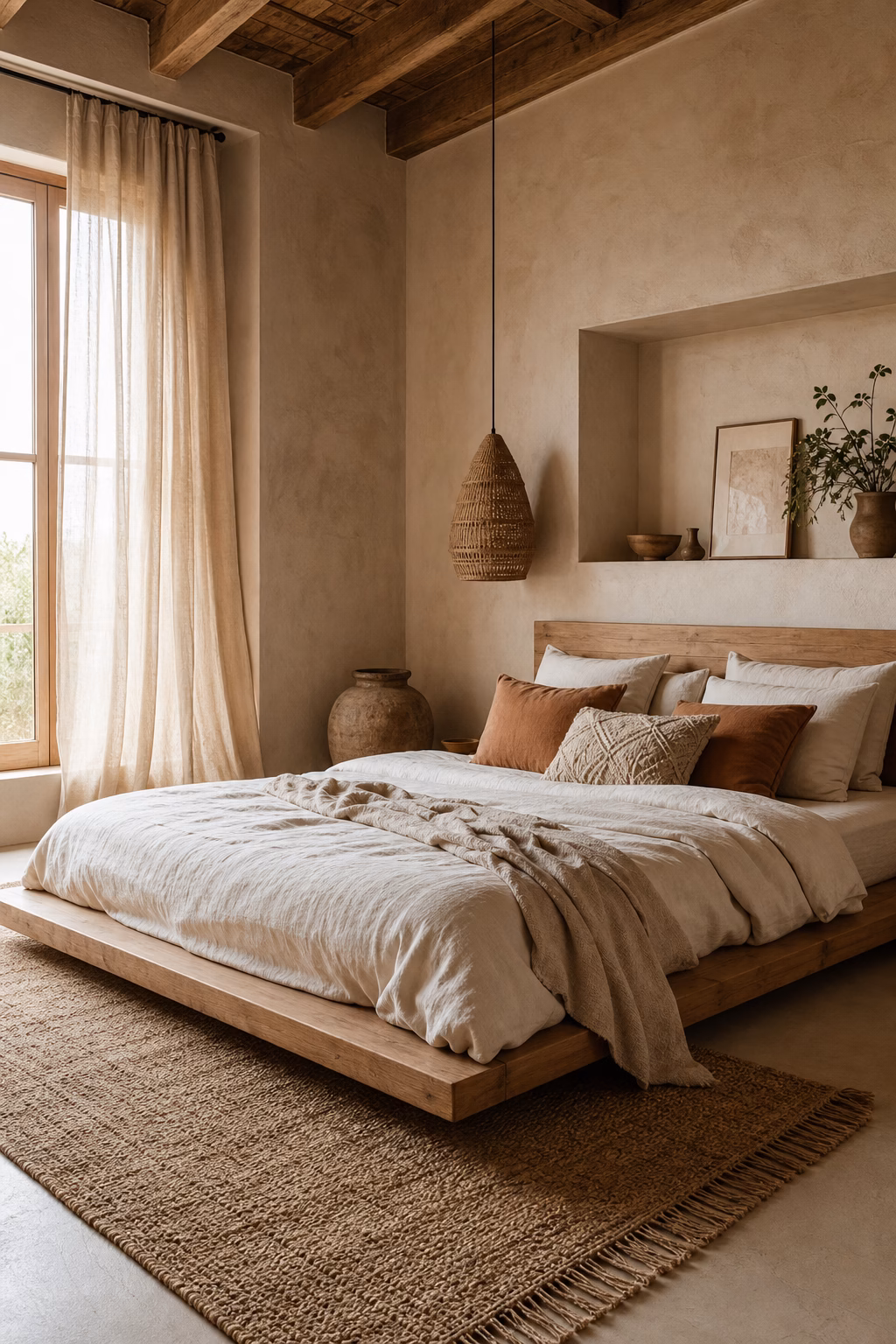 Cozy boho bedroom with low natural wood bed, linen bedding, clay pillows, woven rug, and soft daylight