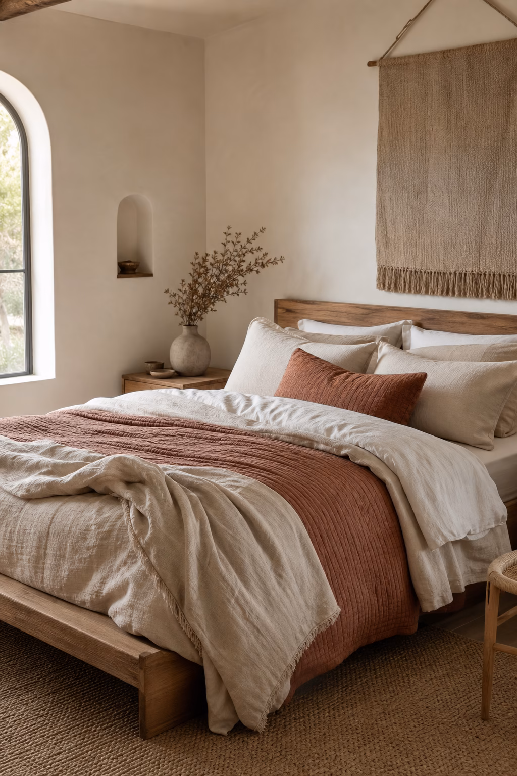 Earthy boho bed with oatmeal linen, clay quilt, rust pillow, bone sheets, and natural wood frame