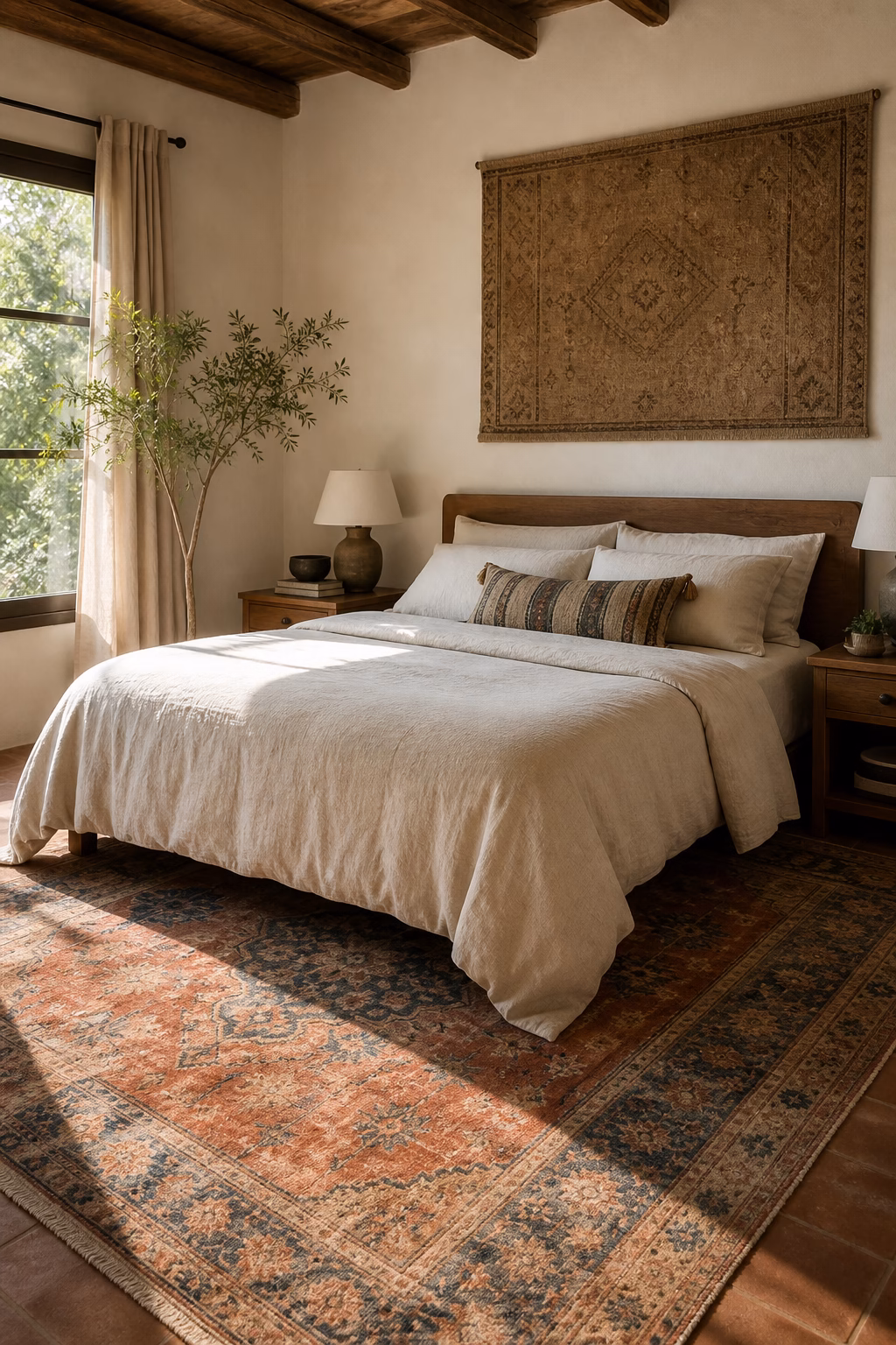 Boho bedroom with faded vintage rug, plain linen bedding, wood nightstands, and soft daylight