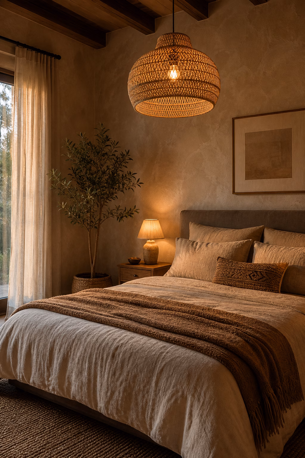 Boho bedroom with rattan pendant light, warm glow, linen bed, plaster walls, and wood nightstands