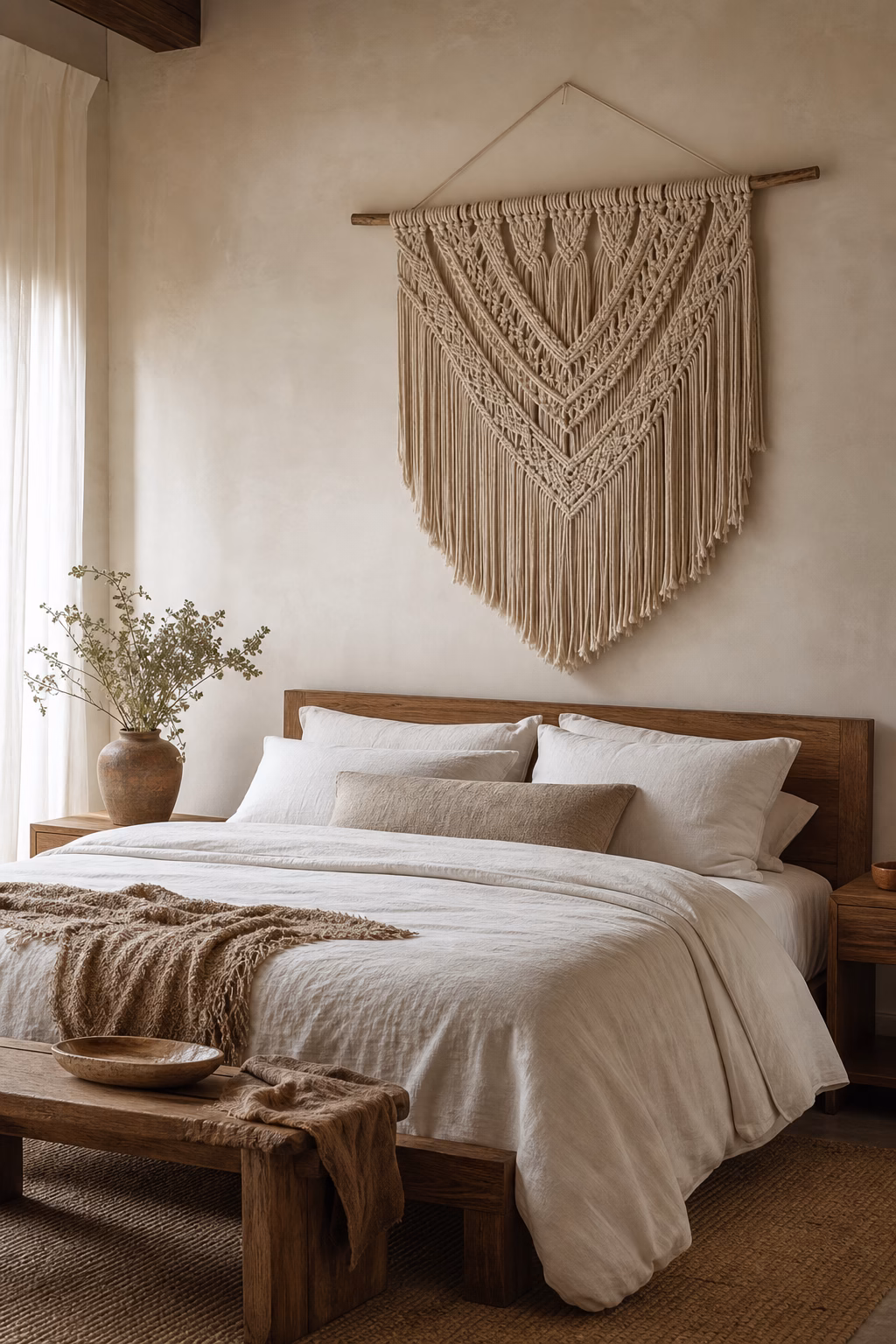 Earthy boho bedroom with large cotton macrame wall hanging, wood bed, linen bedding, and plaster wall