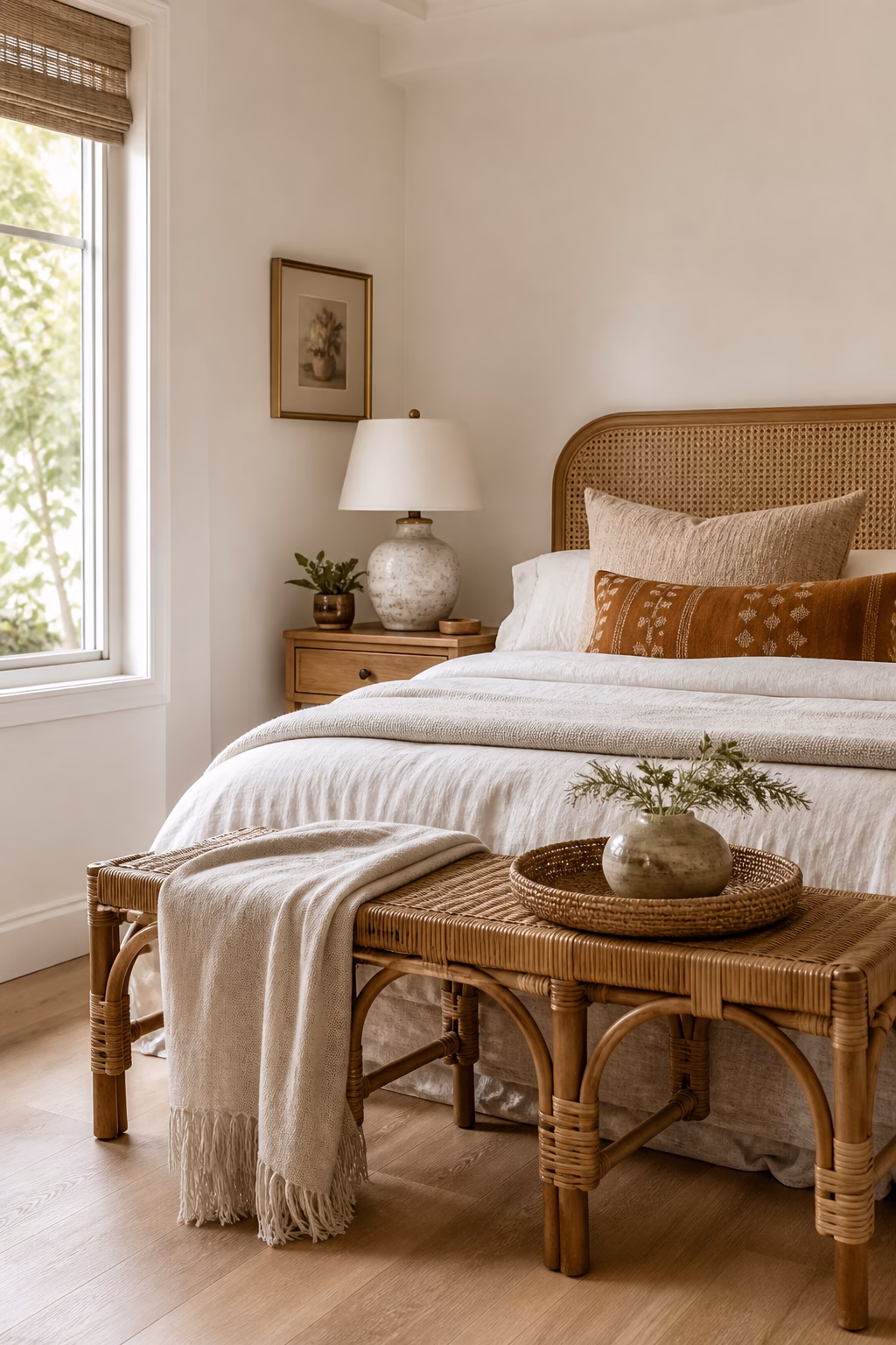 Boho bedroom with cane headboard, rattan bench, linen bedding, ceramic lamp, and warm white walls