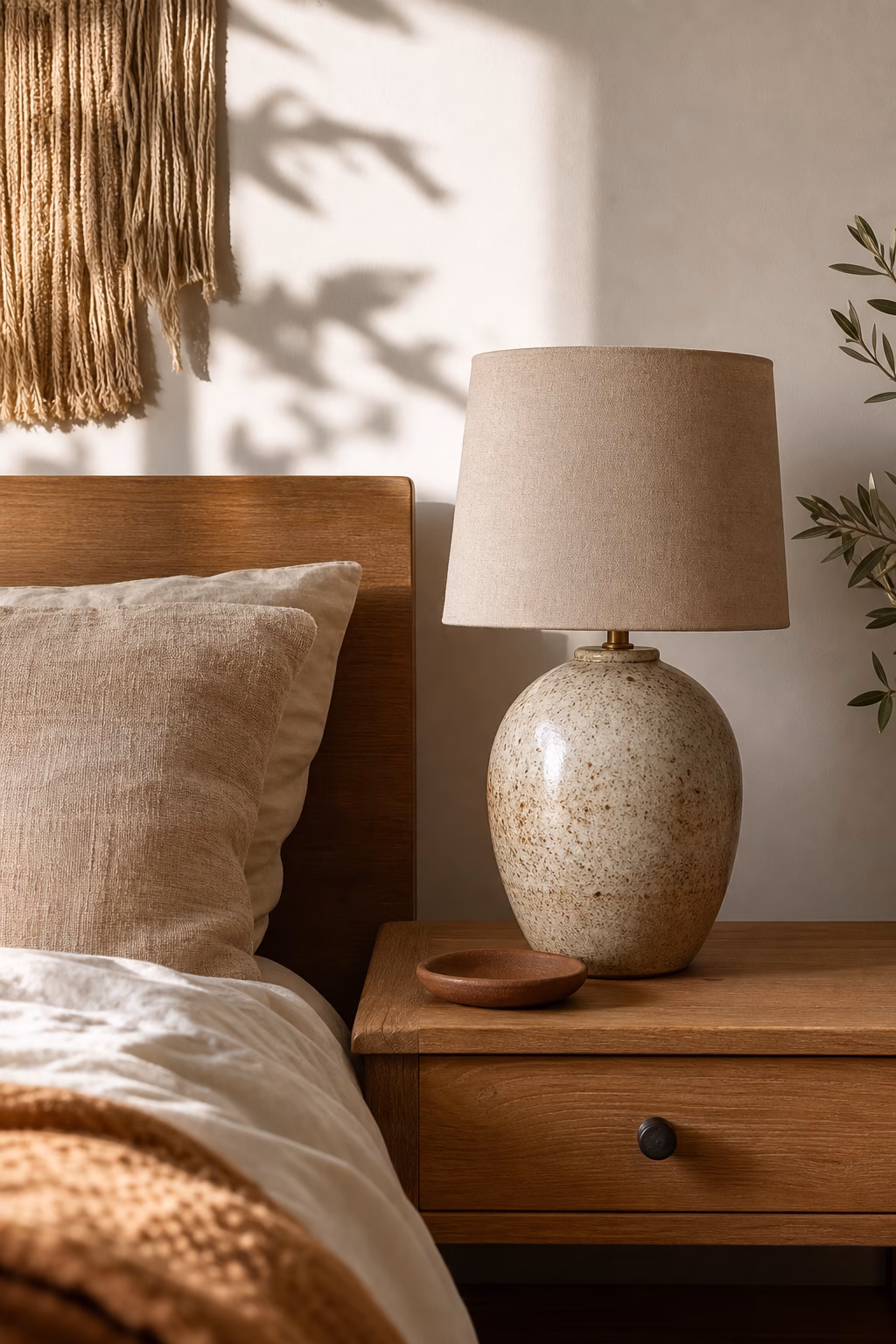 Boho bedroom nightstand with handmade ceramic lamp, clay dish, wood table, and warm morning light