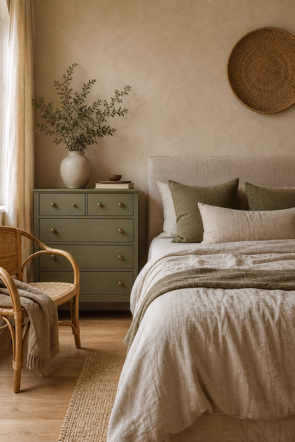 Boho bedroom with olive pillows, sage dresser, natural linen bed, rattan chair, and warm plaster wall