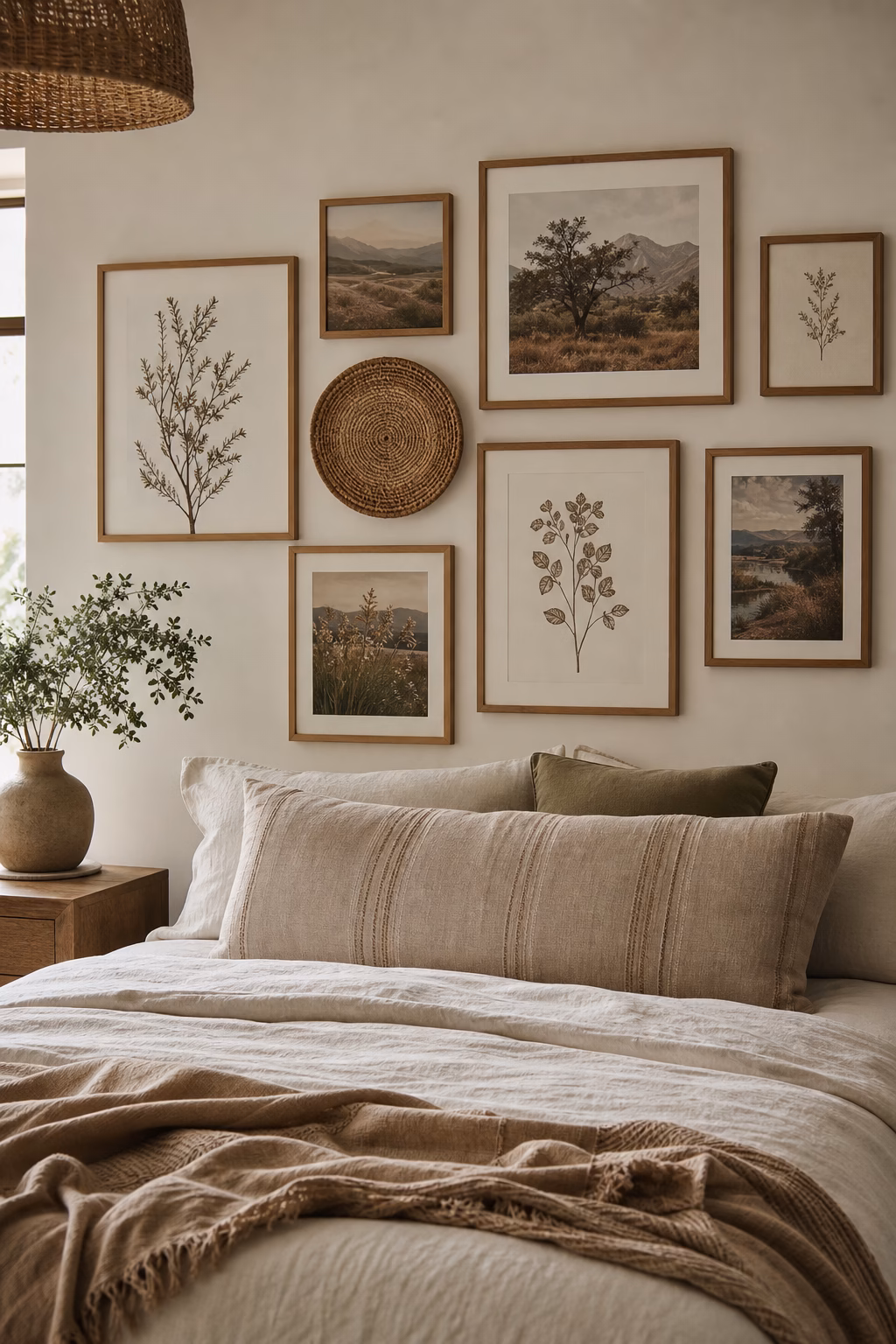 Boho bedroom with relaxed gallery wall, botanical art, landscape photos, oak frames, and linen bed