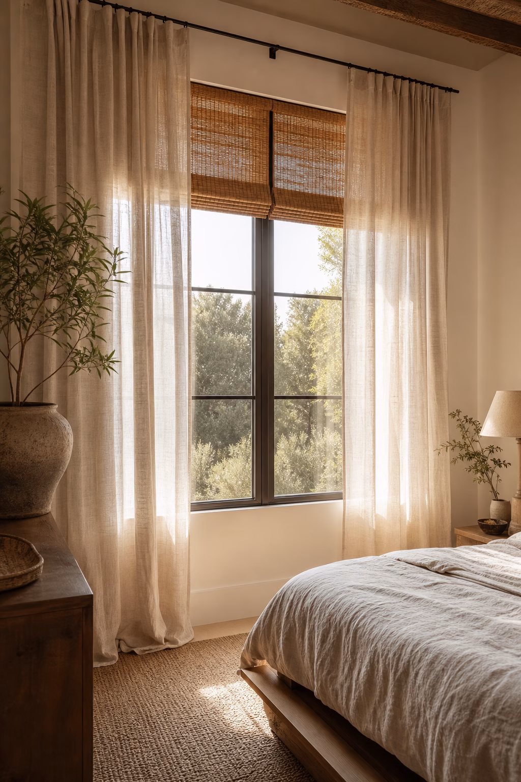 Boho bedroom with gauzy linen curtains, woven shades, low bed, and filtered daylight