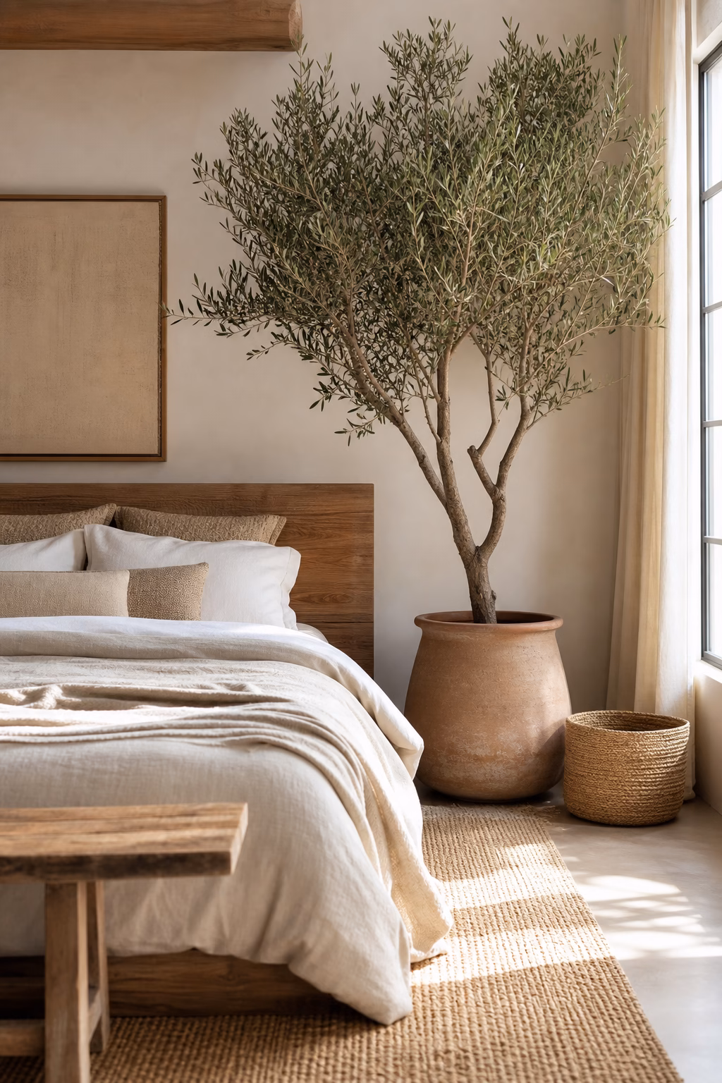 Boho bedroom with sculptural indoor tree, clay planter, woven basket, linen bed, and window light