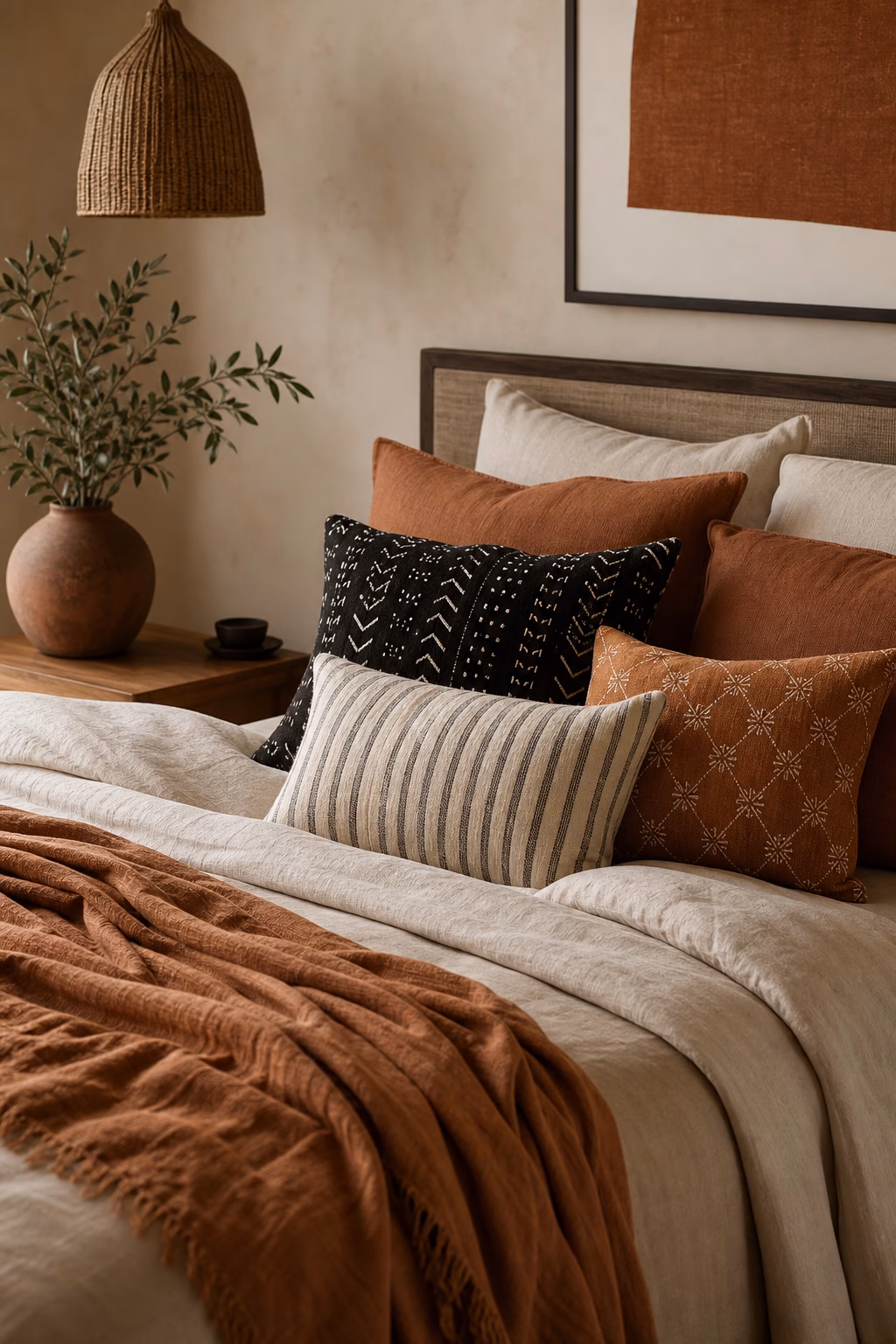 Boho bedroom with patterned pillows, subtle stripe, plain linen bedding, and warm clay palette