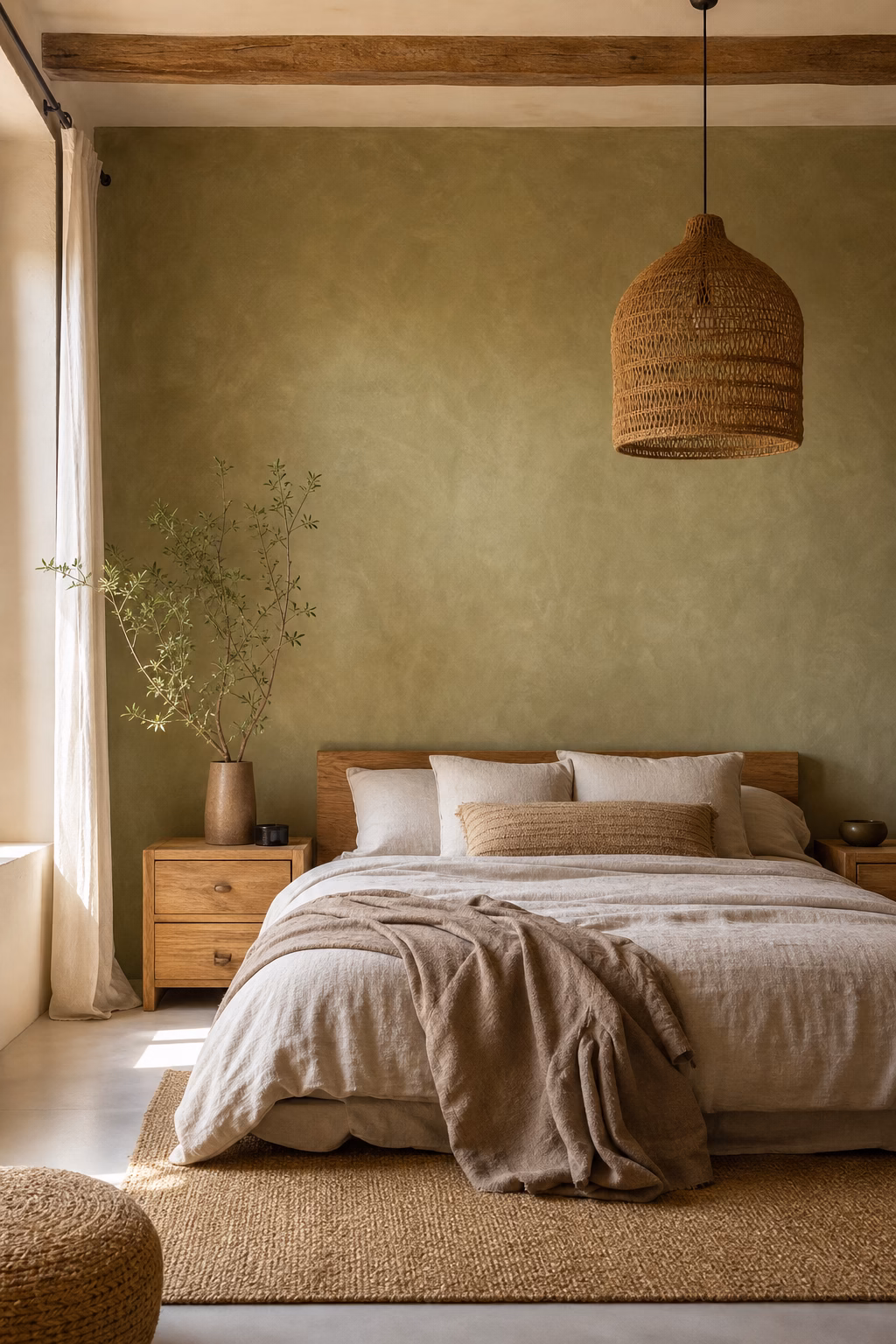 Earthy boho bedroom with limewash wall, woven pendant, linen bedding, and natural wood nightstands