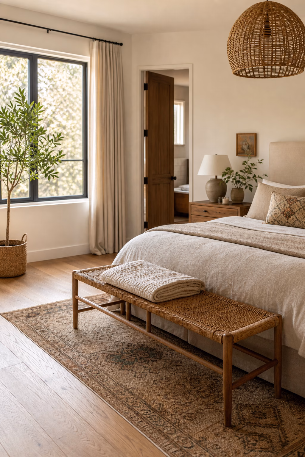 Cozy boho bedroom with woven bench, folded quilt, linen bedding, wood floor, and clear walking space