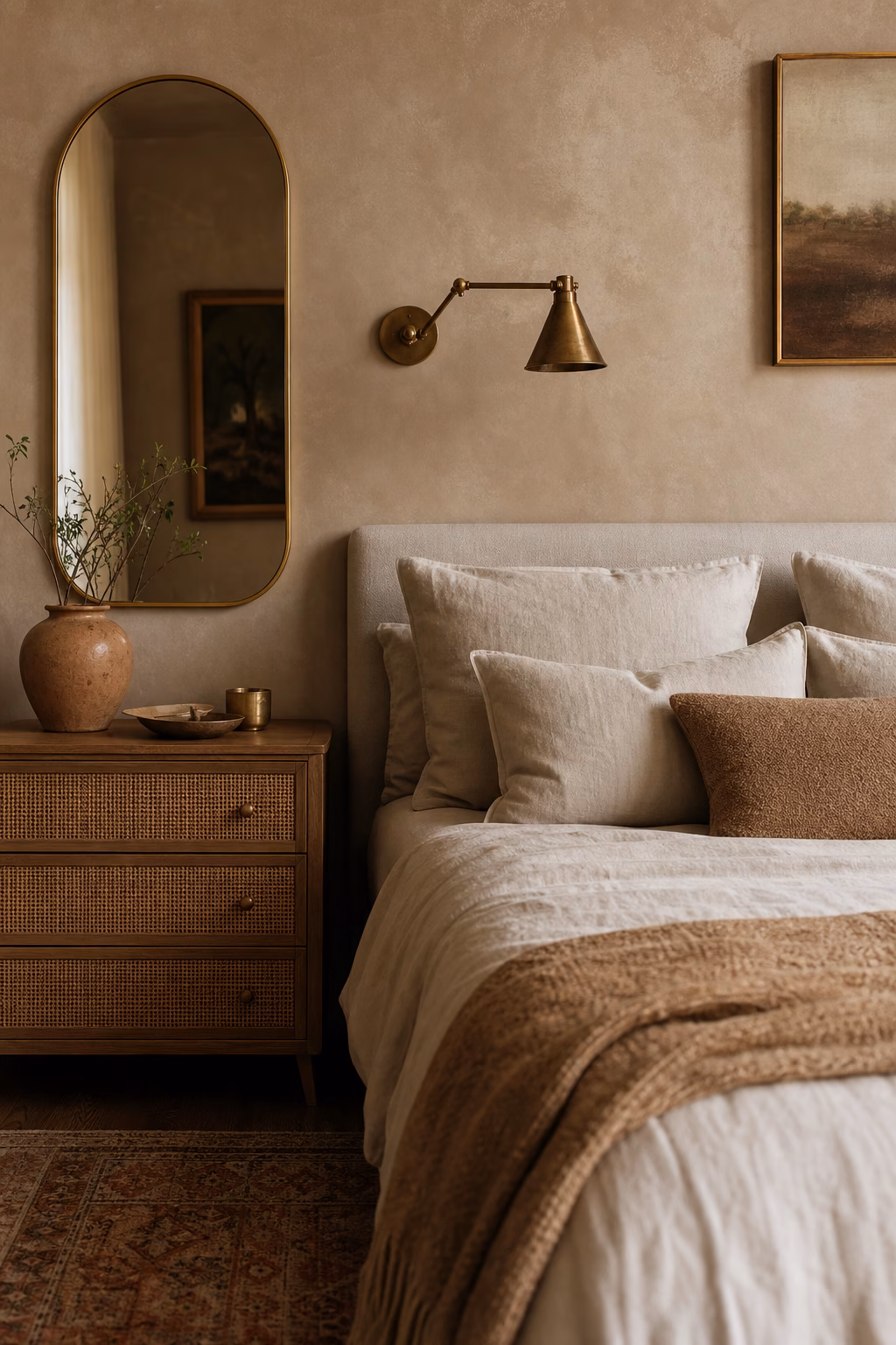 Boho bedroom with aged brass sconces, brass mirror, linen bed, rattan nightstand, and clay walls