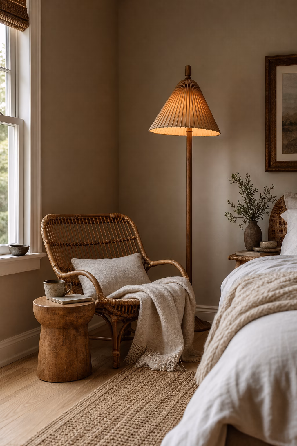 Boho bedroom reading corner with rattan chair, wood side table, warm floor lamp, and linen throw