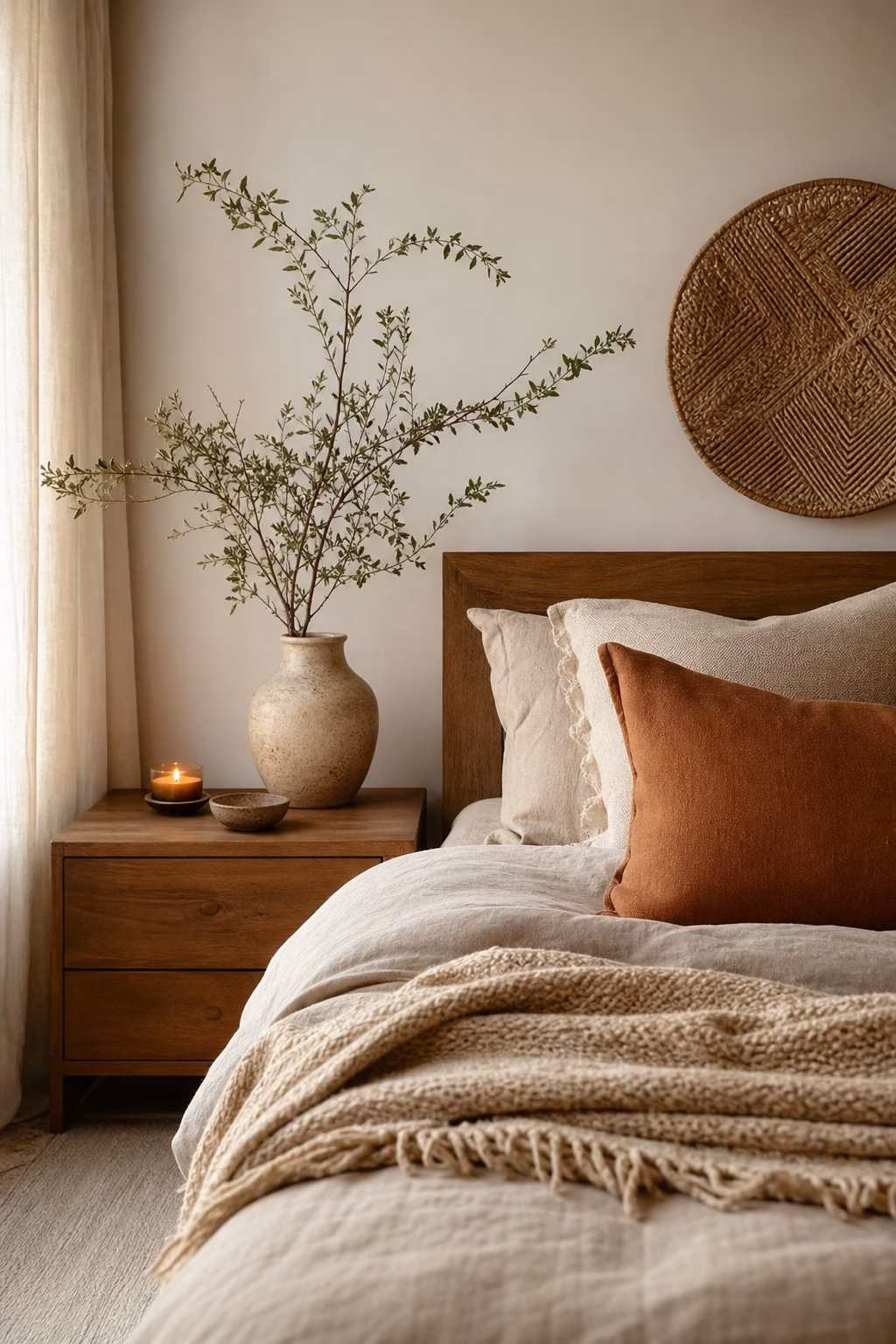 Mature cozy boho bedroom with edited surfaces, folded throw, ceramic vessel, branches, and linen bedding
