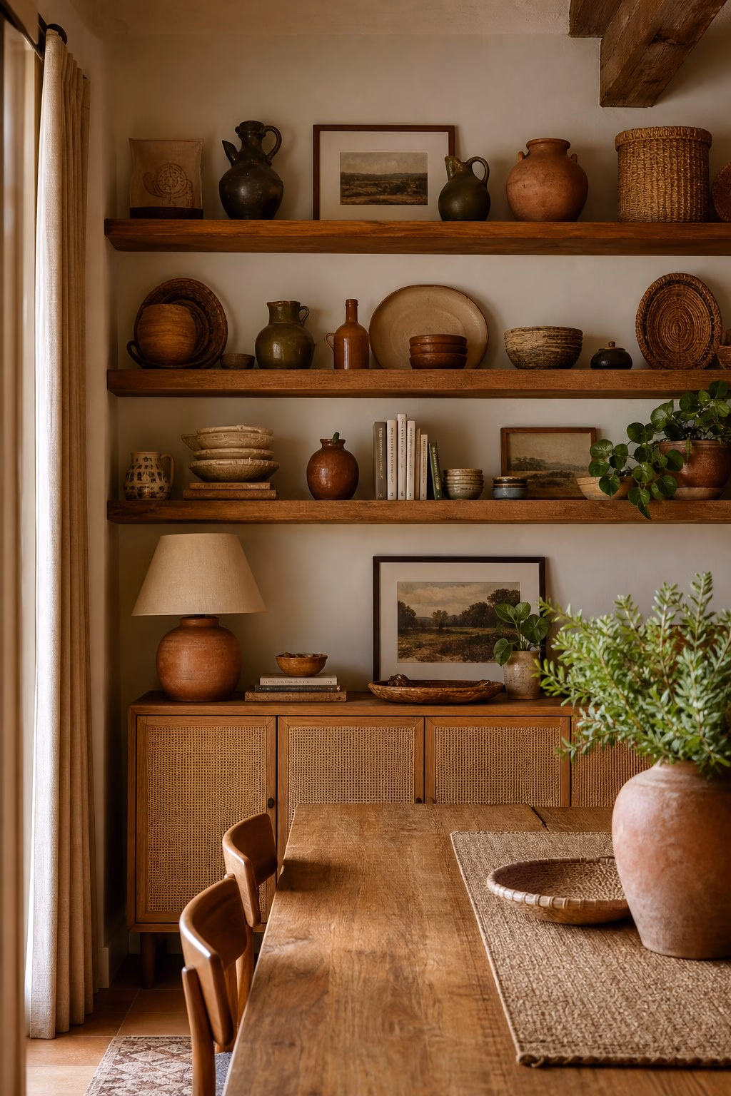 Layered boho dining room with a low-pile vintage rug under a wood table and woven chairs