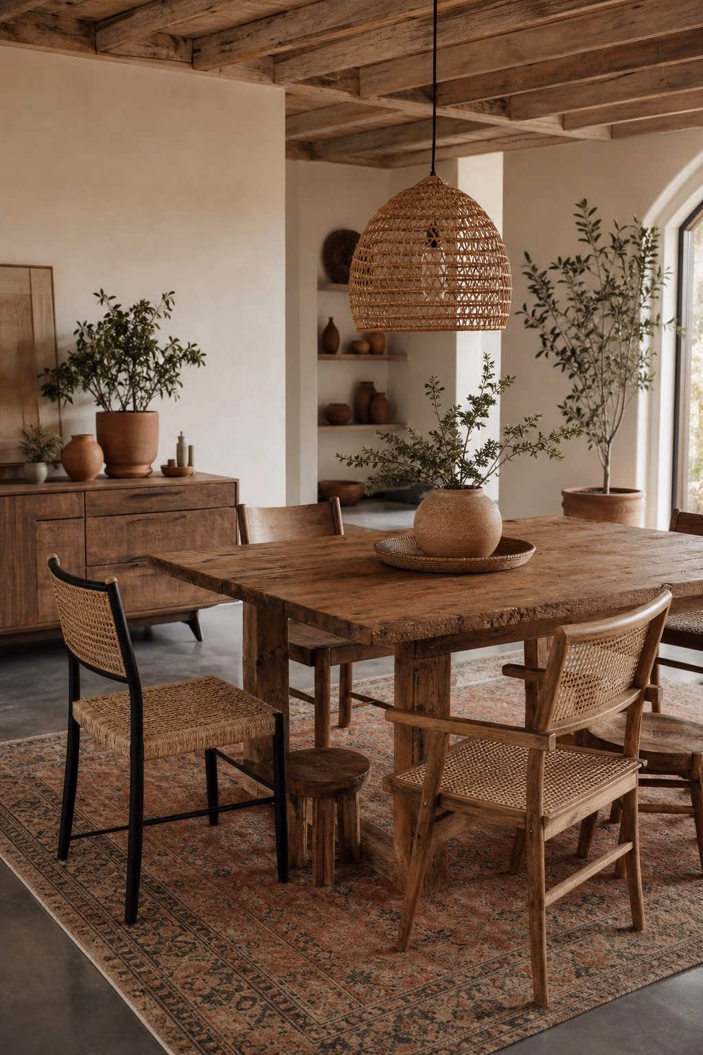Boho dining room with open wood shelves styled with handmade ceramics and baskets