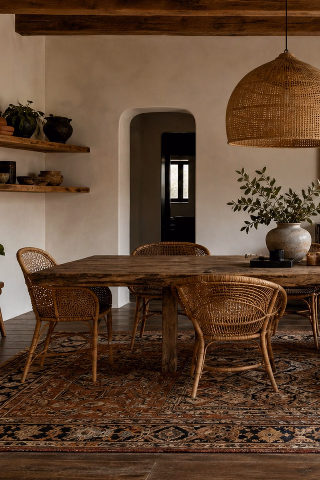 Boho dining table set with handmade stoneware plates, linen napkins, and a low ceramic centerpiece