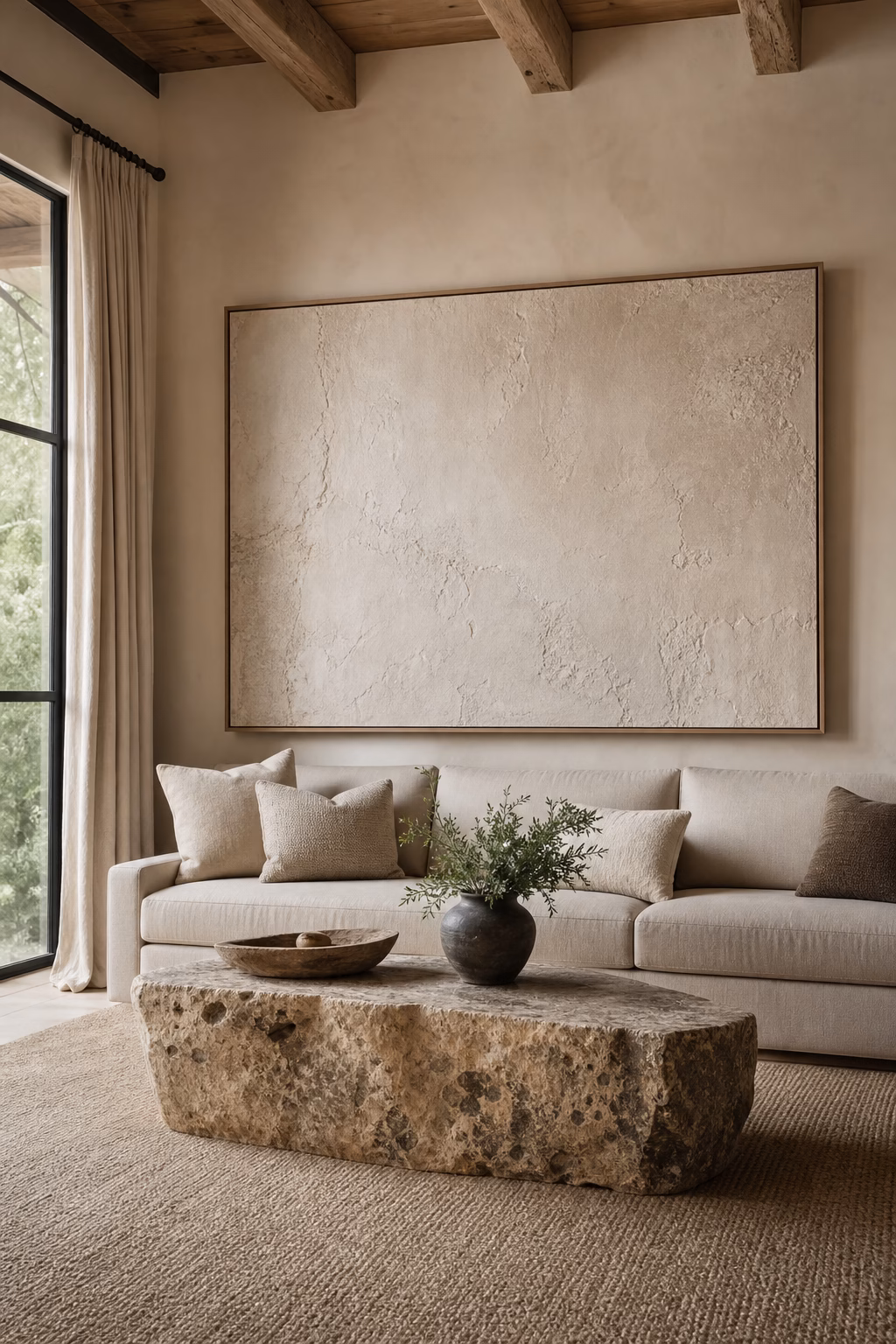 Oversized tonal artwork anchoring a chic living room wall