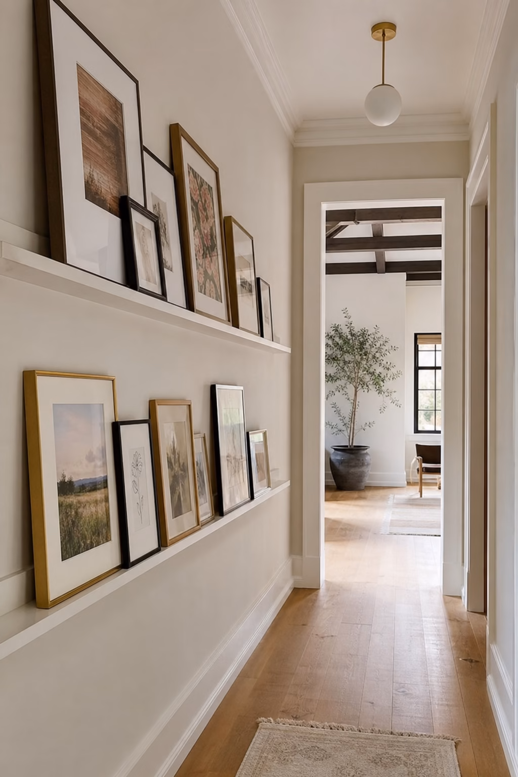 Picture ledges displaying layered art in a chic hallway