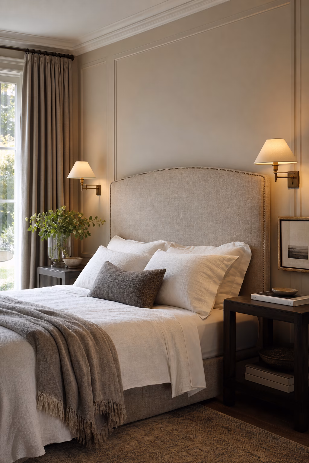 Matching wall sconces framing a chic bedroom bed