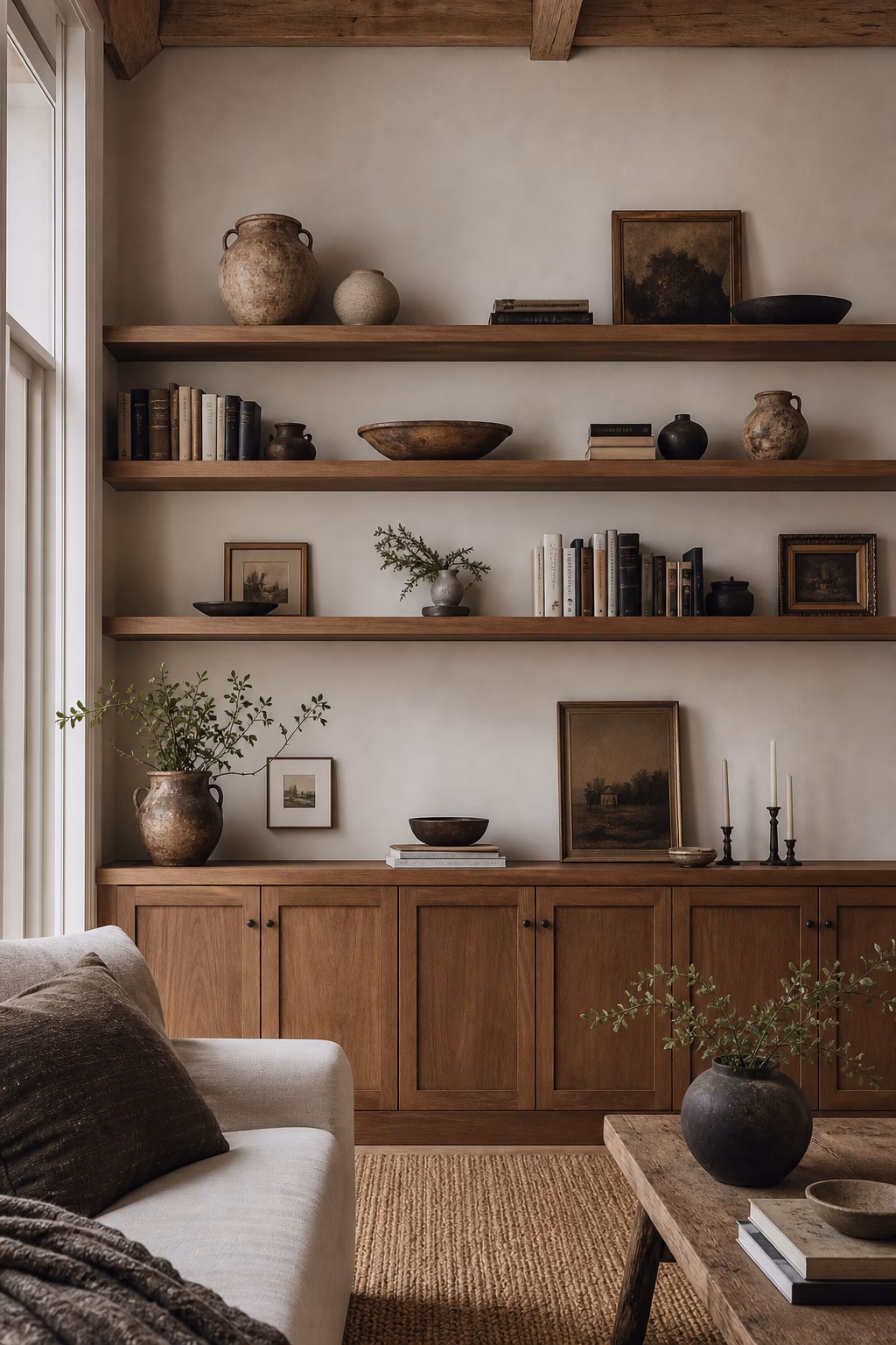 Layered leaning art decorating a chic fireplace mantel