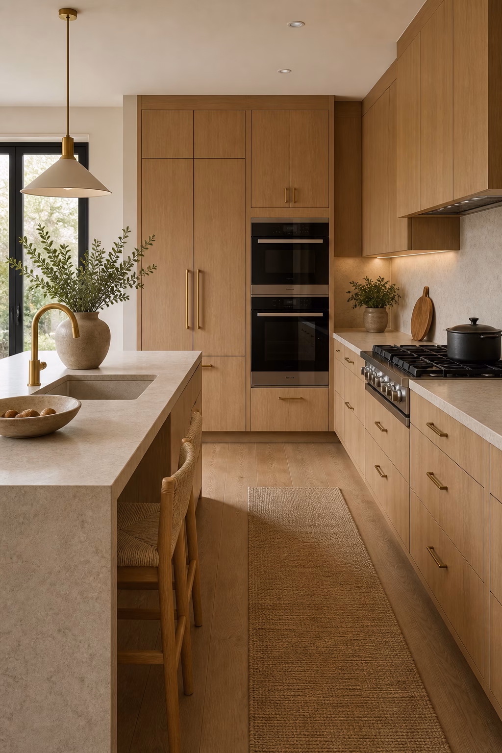 Warm white oak cabinets in a contemporary kitchen design