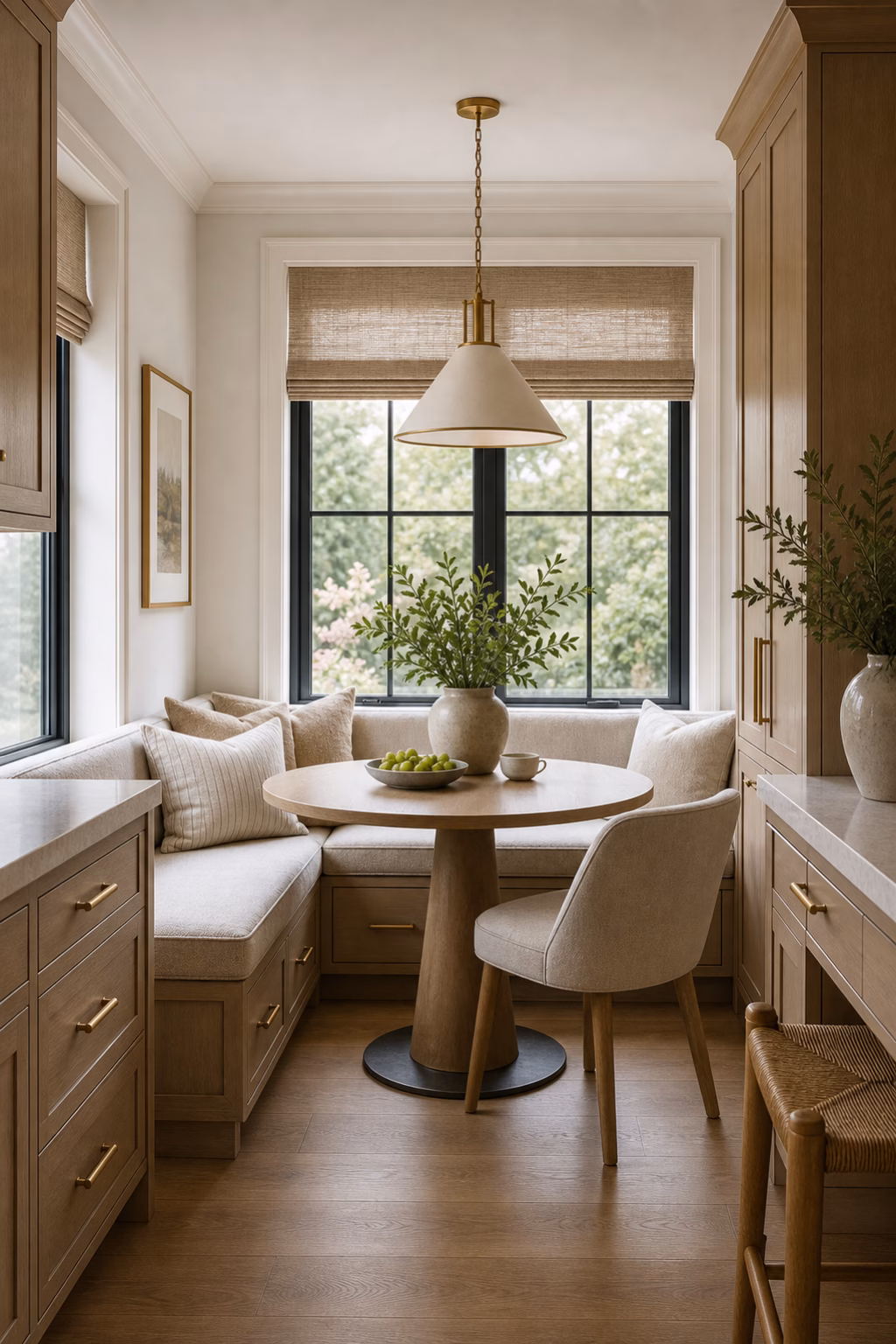 Built-in banquette seating beside a contemporary kitchen