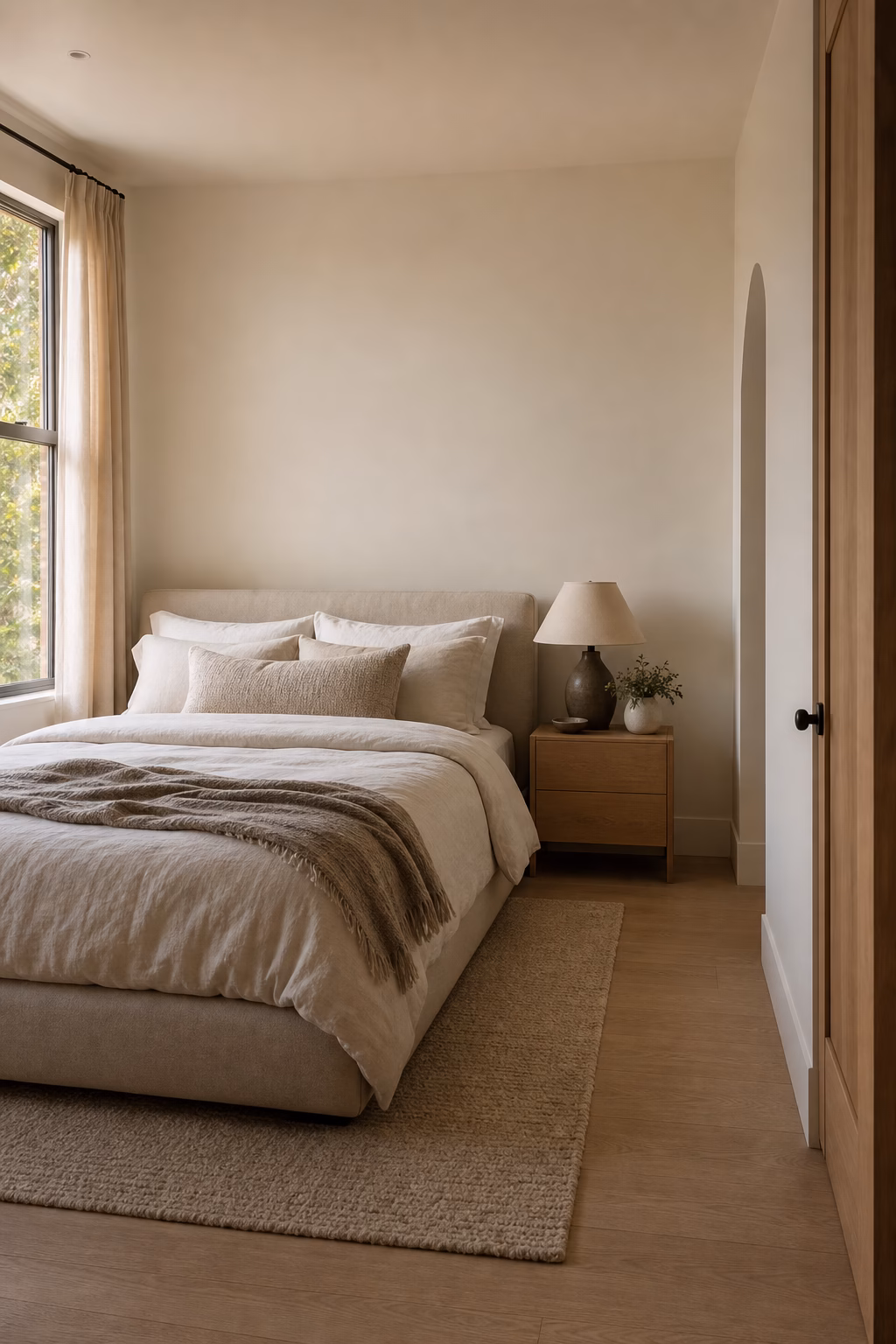 Small cozy bedroom with low upholstered bed, linen bedding, slim nightstand, and open wall space