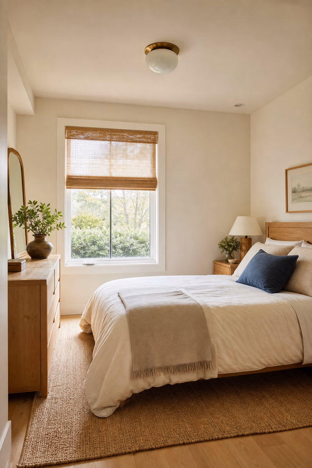 Cozy small bedroom with warm off-white walls, cream bedding, pale wood furniture, and woven shade