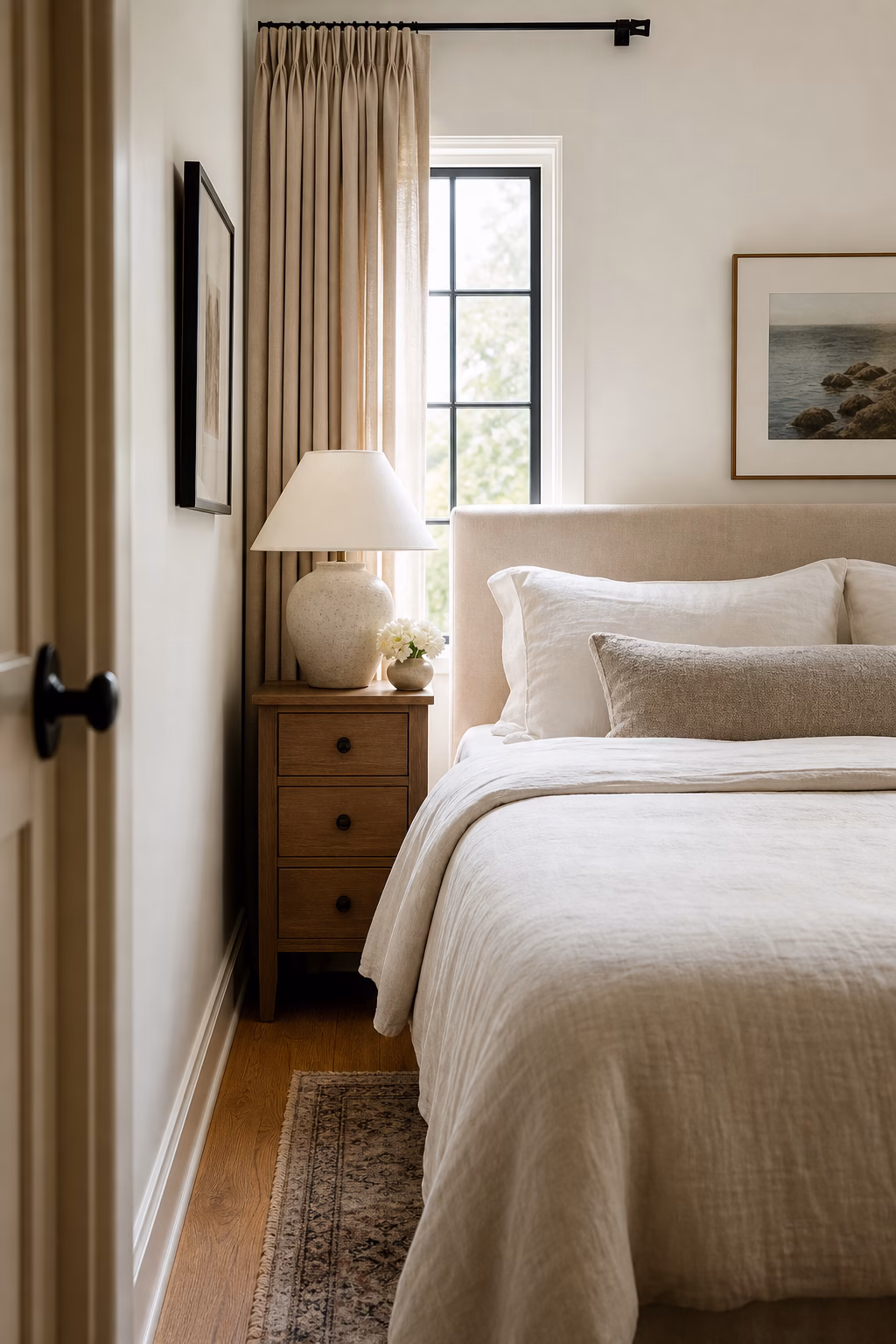 Tiny bedroom with narrow drawer nightstands, linen bedding, and tidy bedside styling