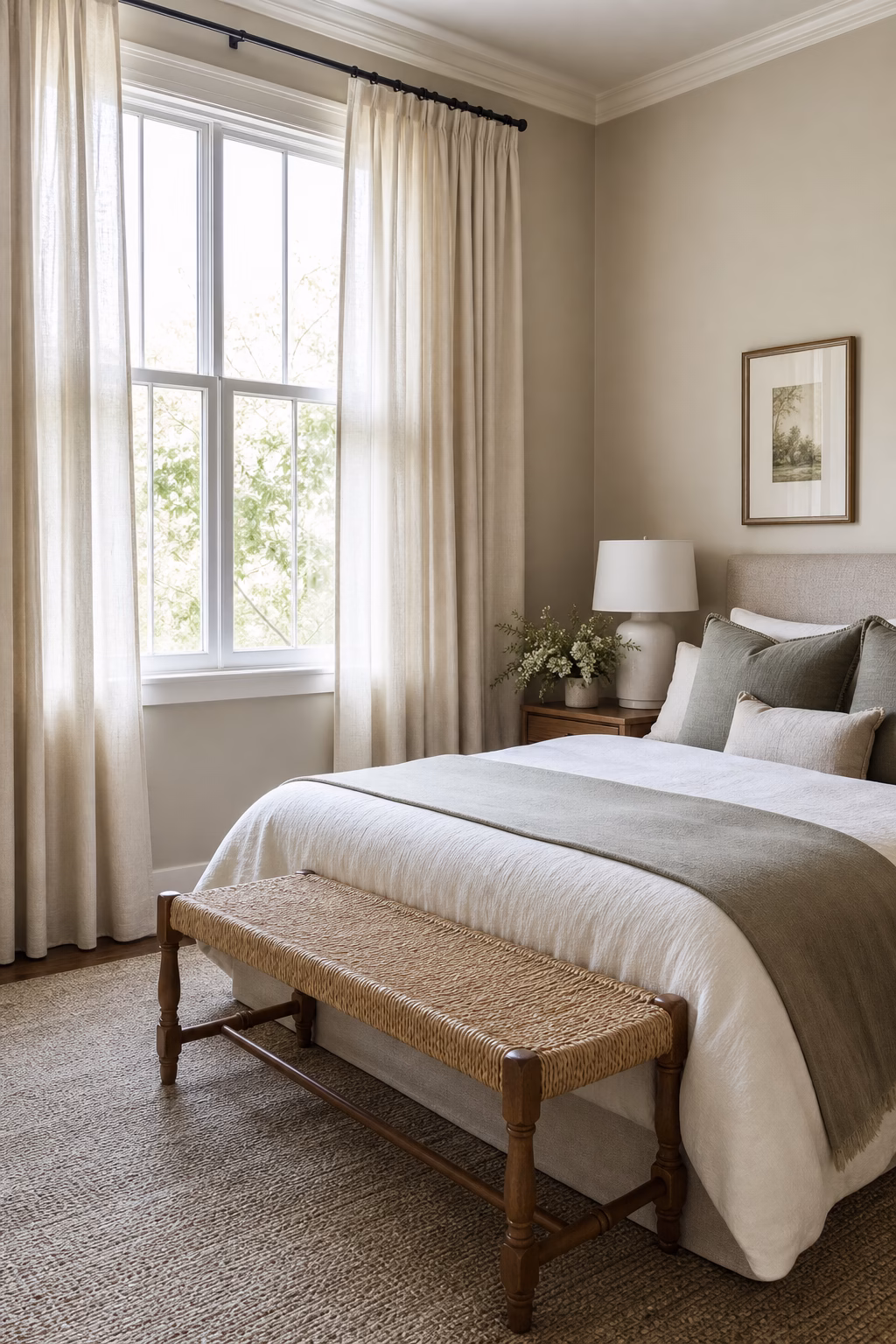 Small bedroom with high linen curtains, compact bed, woven bench, and soft daylight