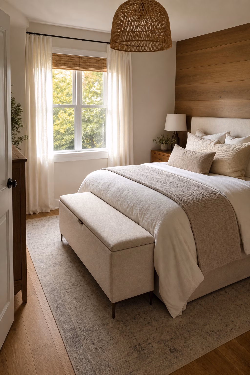 Compact bedroom with slim storage bench, clear walkway, neutral bedding, and warm wood accents