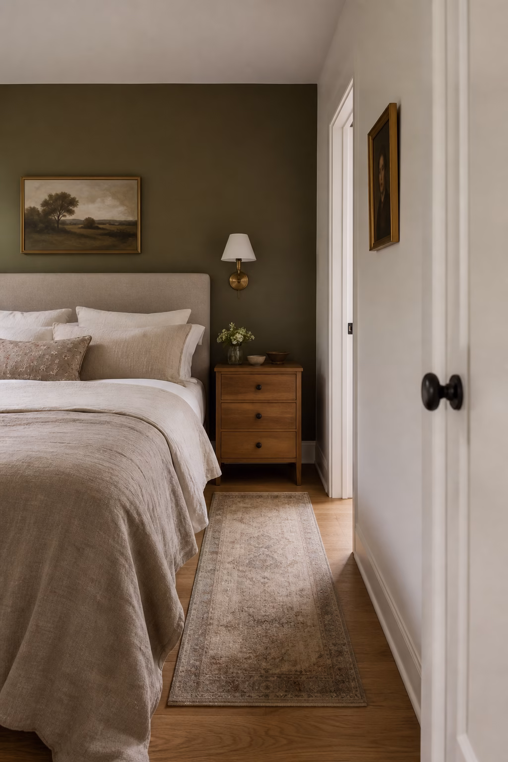 Small bedroom with muted olive accent wall, warm white side walls, linen bedding, and brass sconces