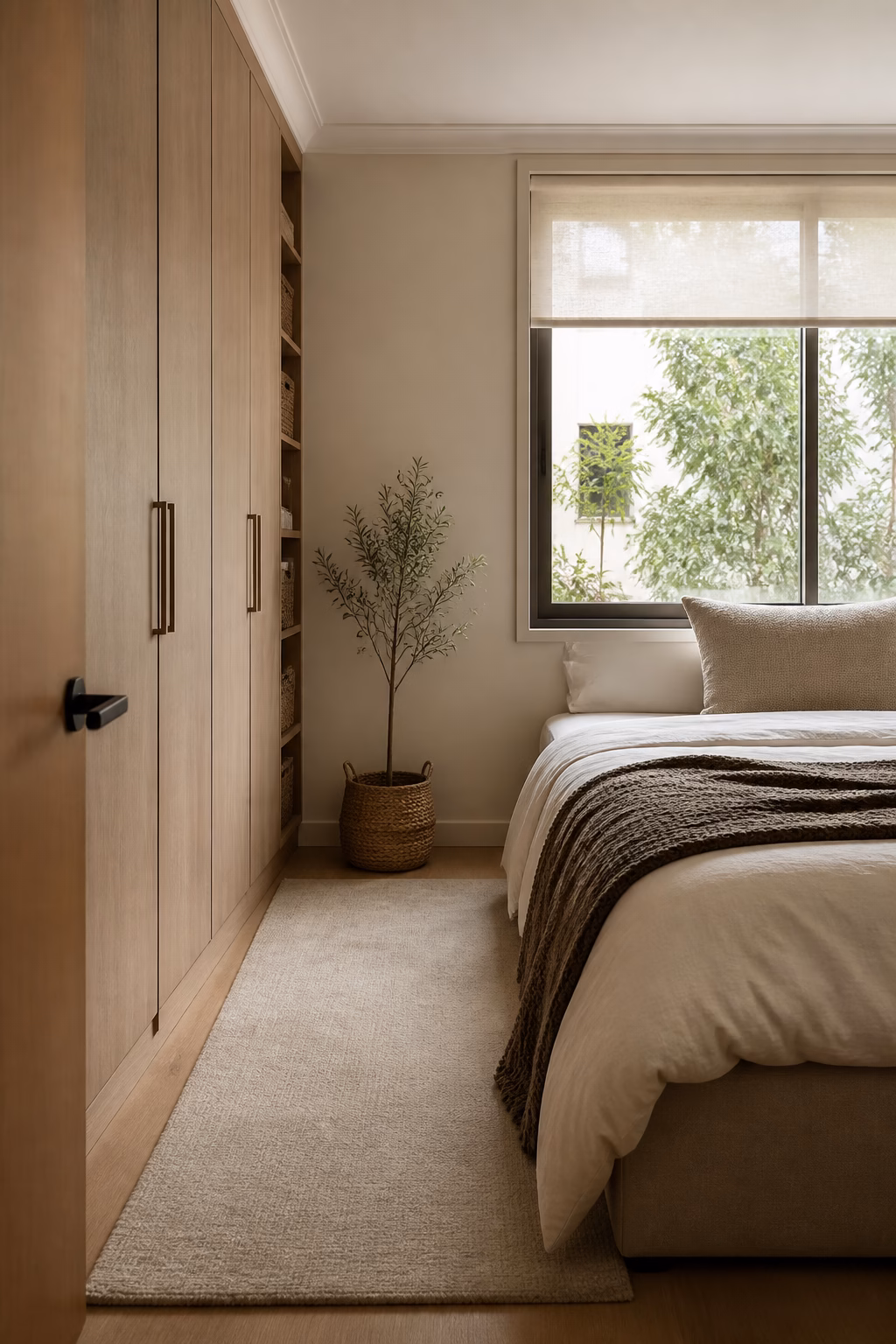 Small bedroom with tall shallow wardrobe storage, cozy bed, pale rug, and clear floor space