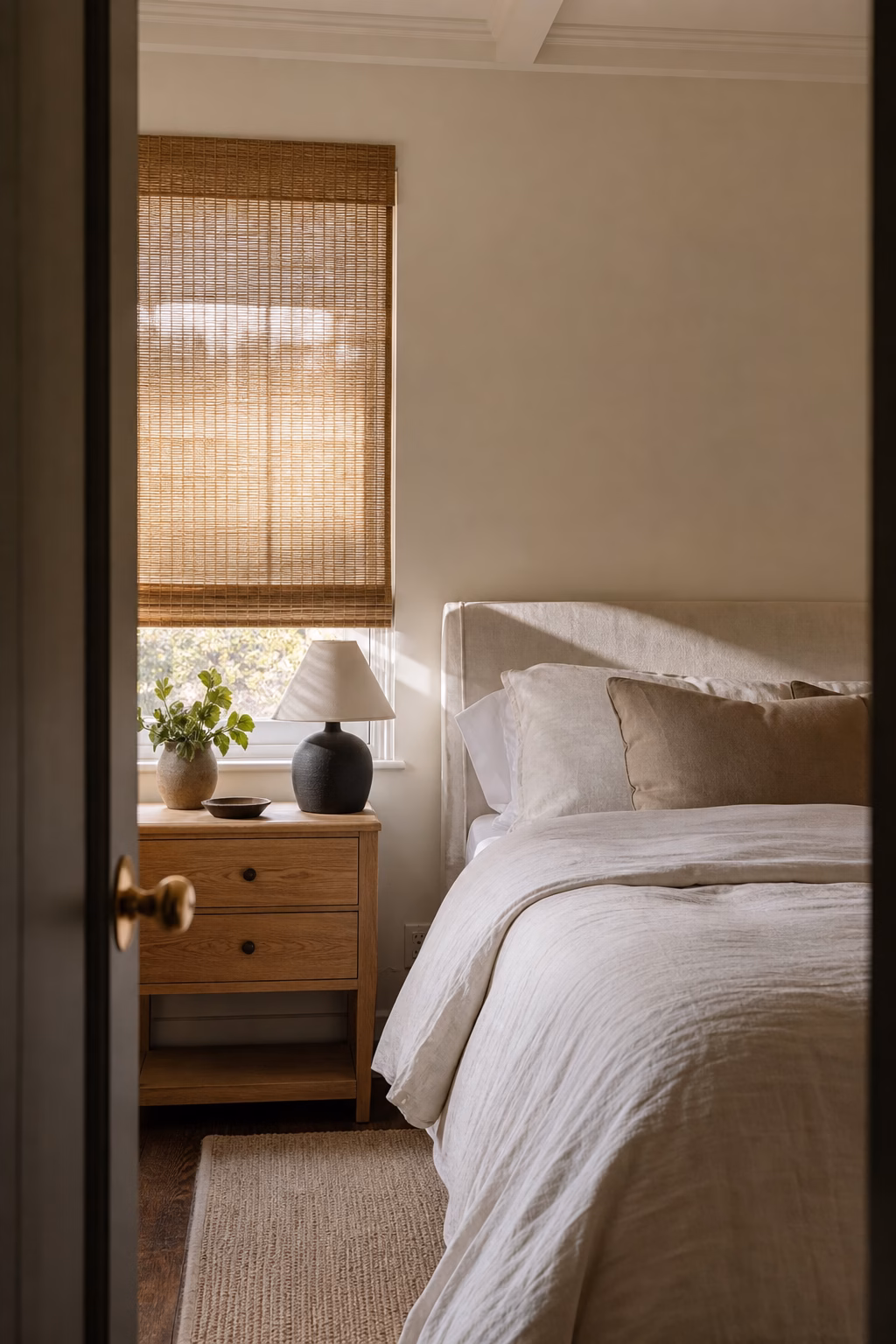 Small bedroom with woven roman shades, linen bed, oak nightstand, and warm daylight