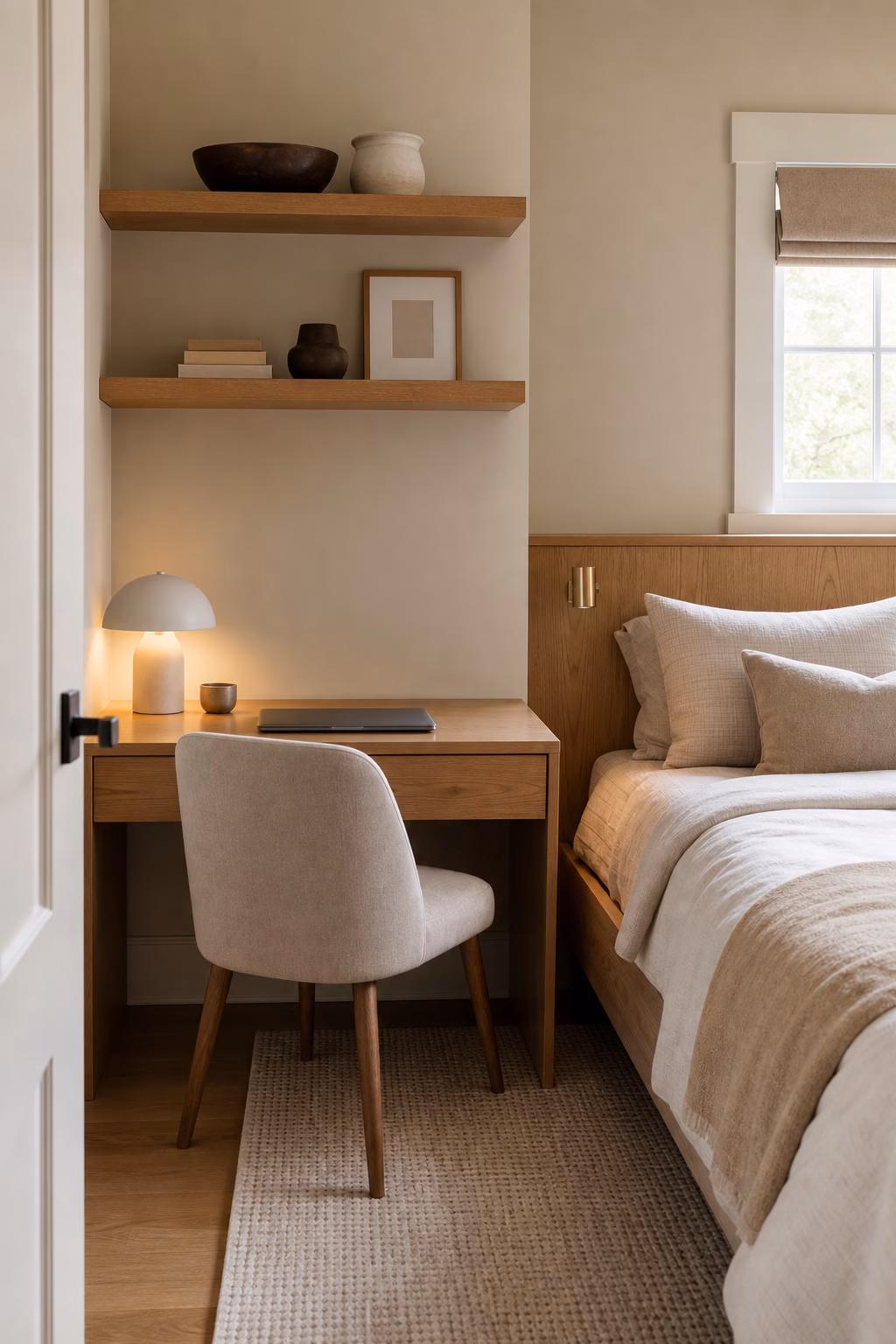 Small bedroom with compact desk, floating shelves, neutral chair, and cozy bedding nearby