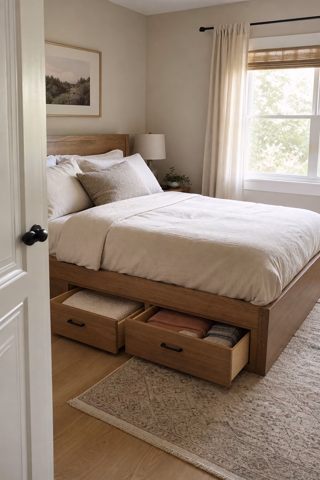 Small bedroom with discreet under-bed drawers, low wood bed, cream bedding, and clear access