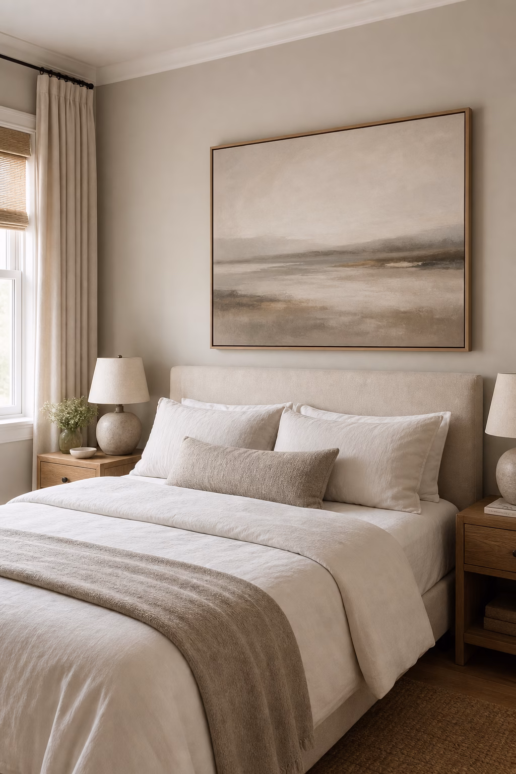 Small bedroom with one large artwork above bed, neutral bedding, and oak nightstands