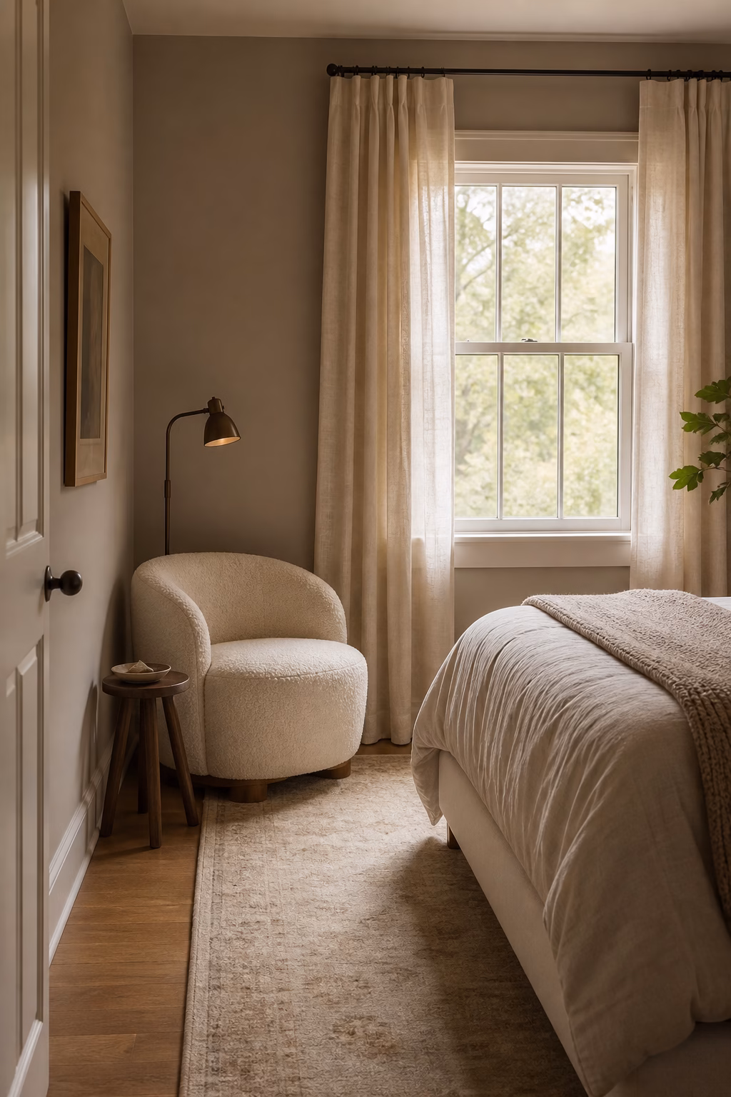 Compact bedroom with small corner chair, reading light, clear walking path, and calm bedding