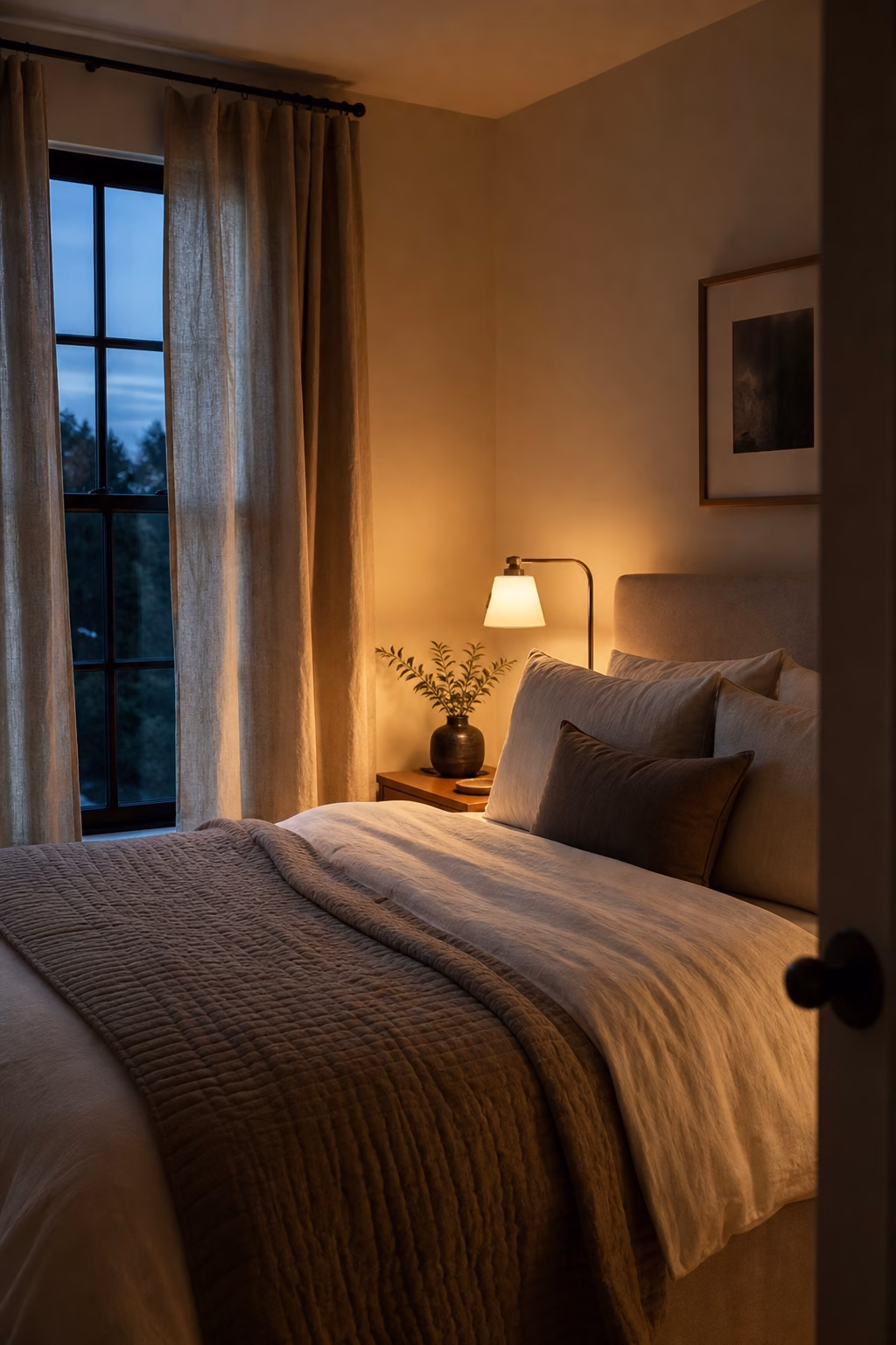 Small cozy bedroom with warm dimmable bedside lights, layered bedding, and soft shadows