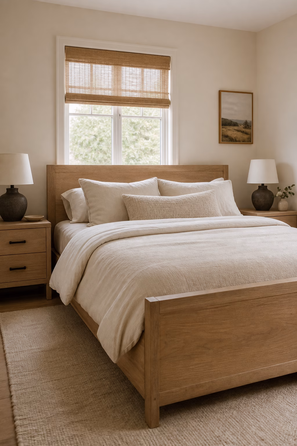 Small bedroom with repeated pale oak bed and nightstands, cream bedding, woven shade, and soft rug