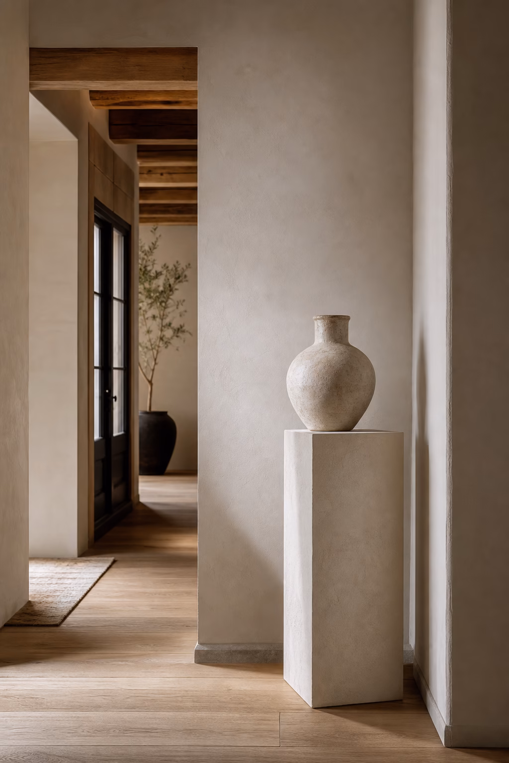 Sculptural ceramic object displayed on a pedestal in a hallway