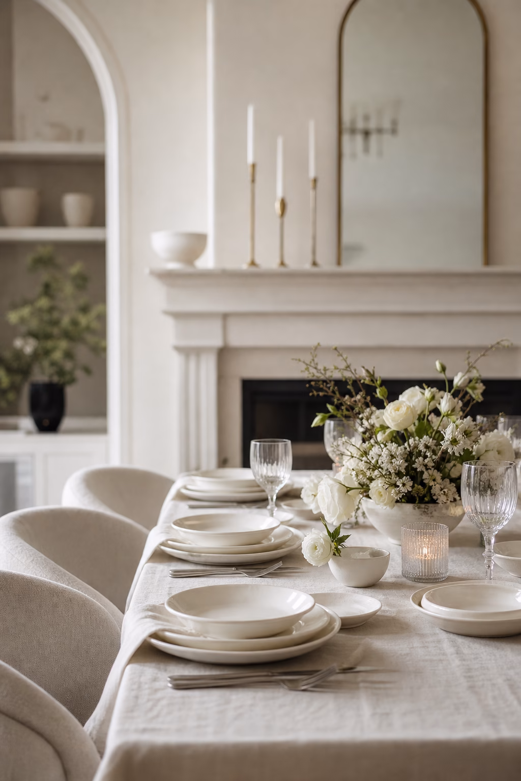 Monochrome table setting with layered white textures