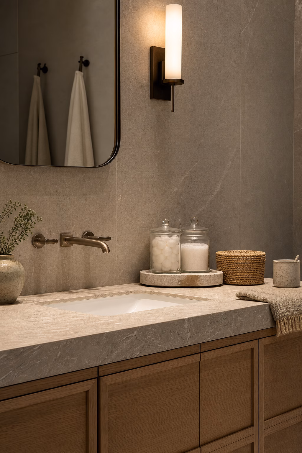 Bathroom storage styled as decor with jars, tray, basket, and ceramic cup