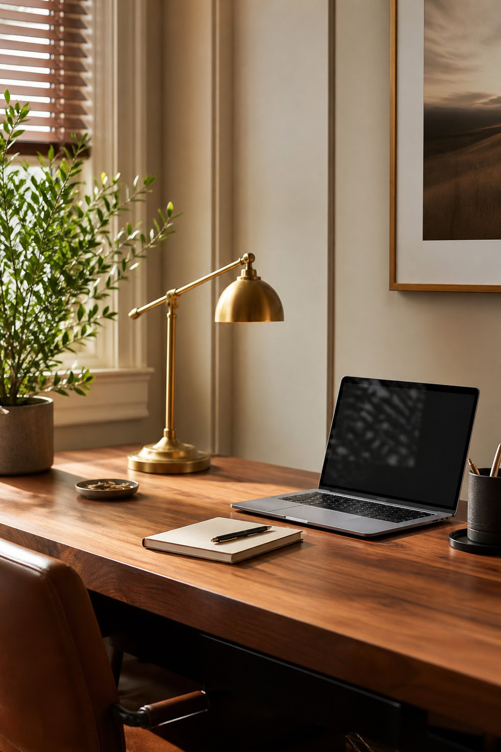 Clear desktop work zone with lamp, tray, notebook, and plant