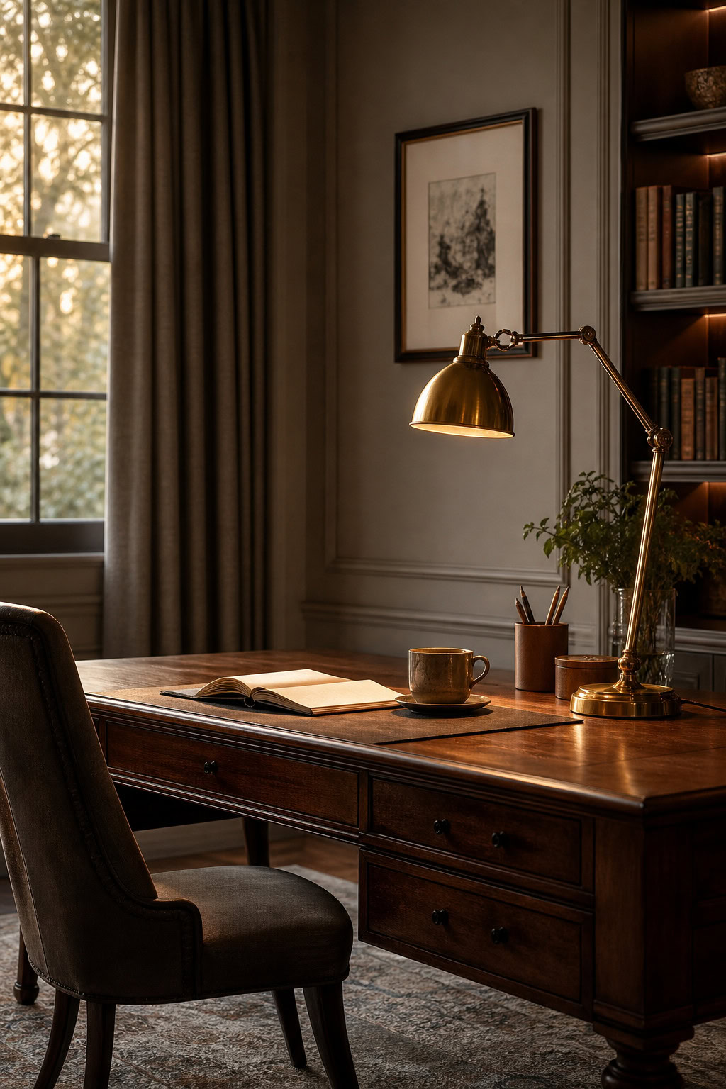 Warm brass task lamp lighting an elegant workspace