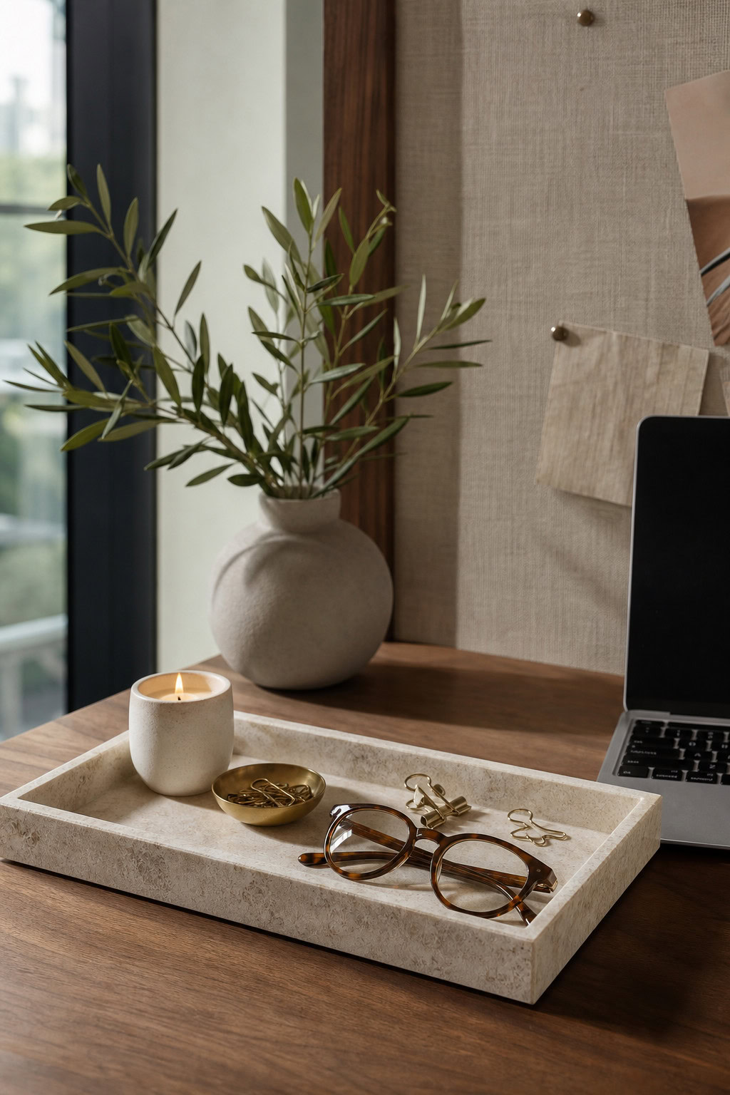 Stone tray organizing small desk items beside a laptop