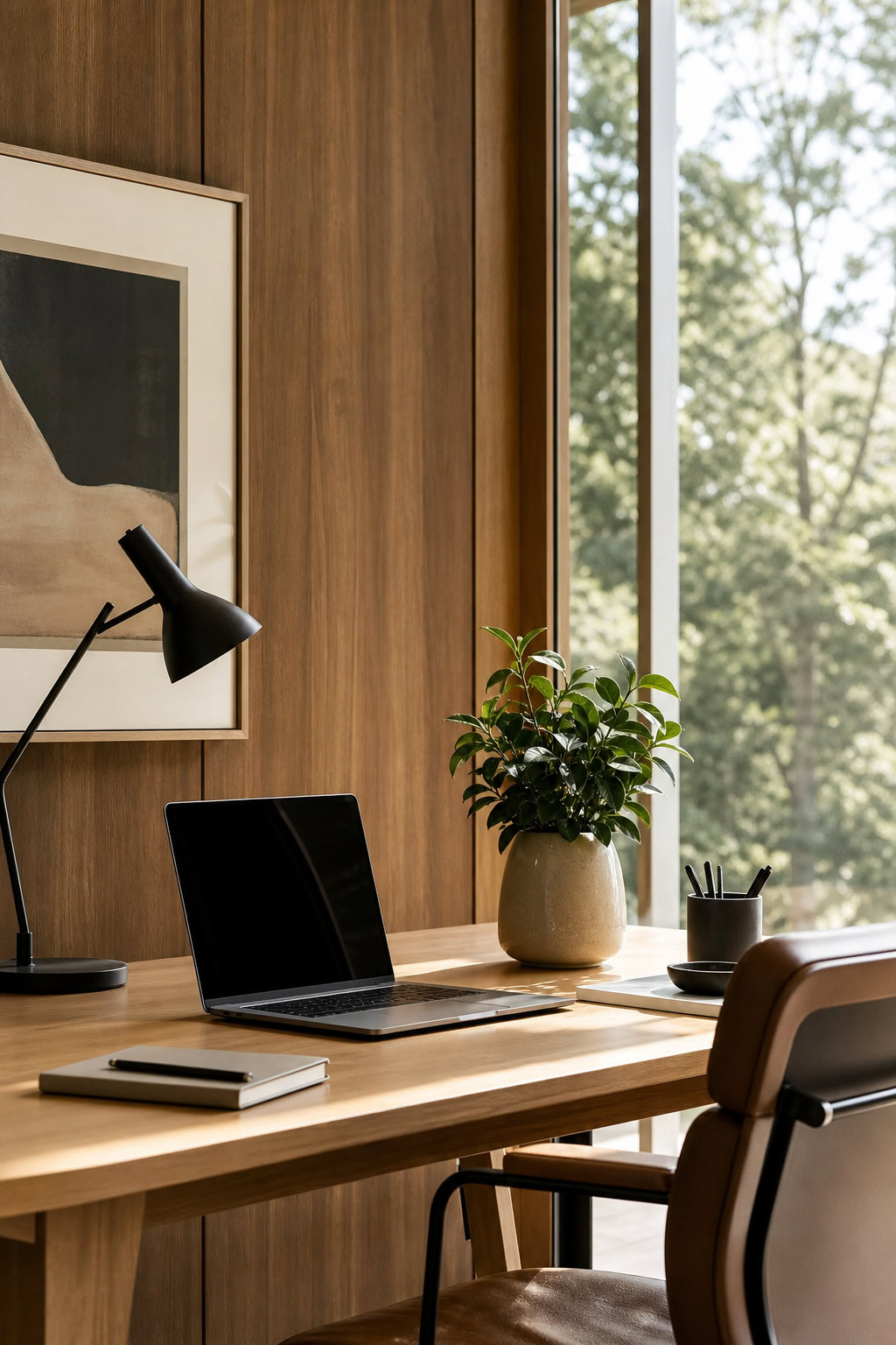 Compact potted plant adding natural texture to a tidy desk