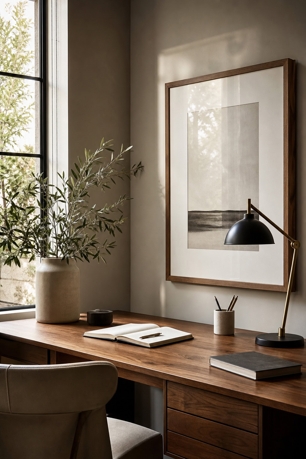 Quiet framed artwork above a sophisticated desk