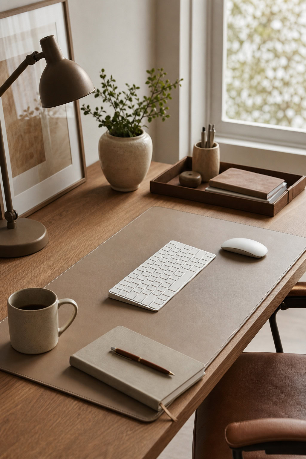 Taupe desk mat anchoring a minimalist workspace