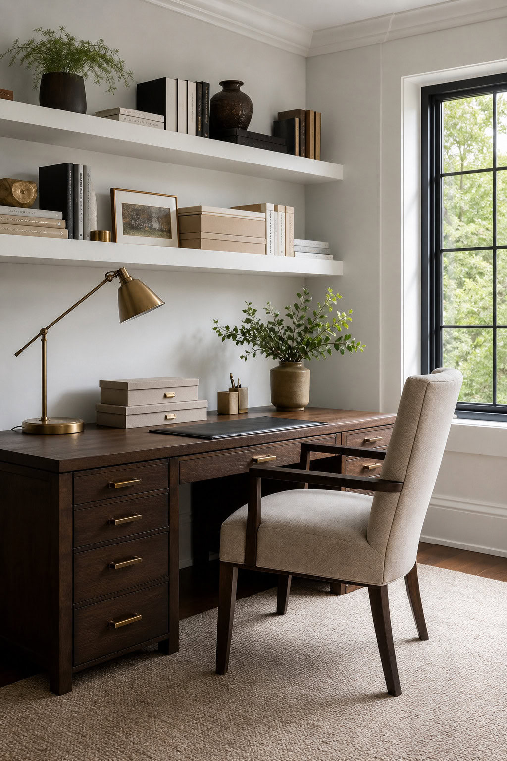 Closed desk storage keeping a home office workspace calm